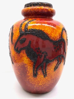 Monumental Stone Age Mural Painting Theme Floor Vase Midcentury Fat Lava Pottery