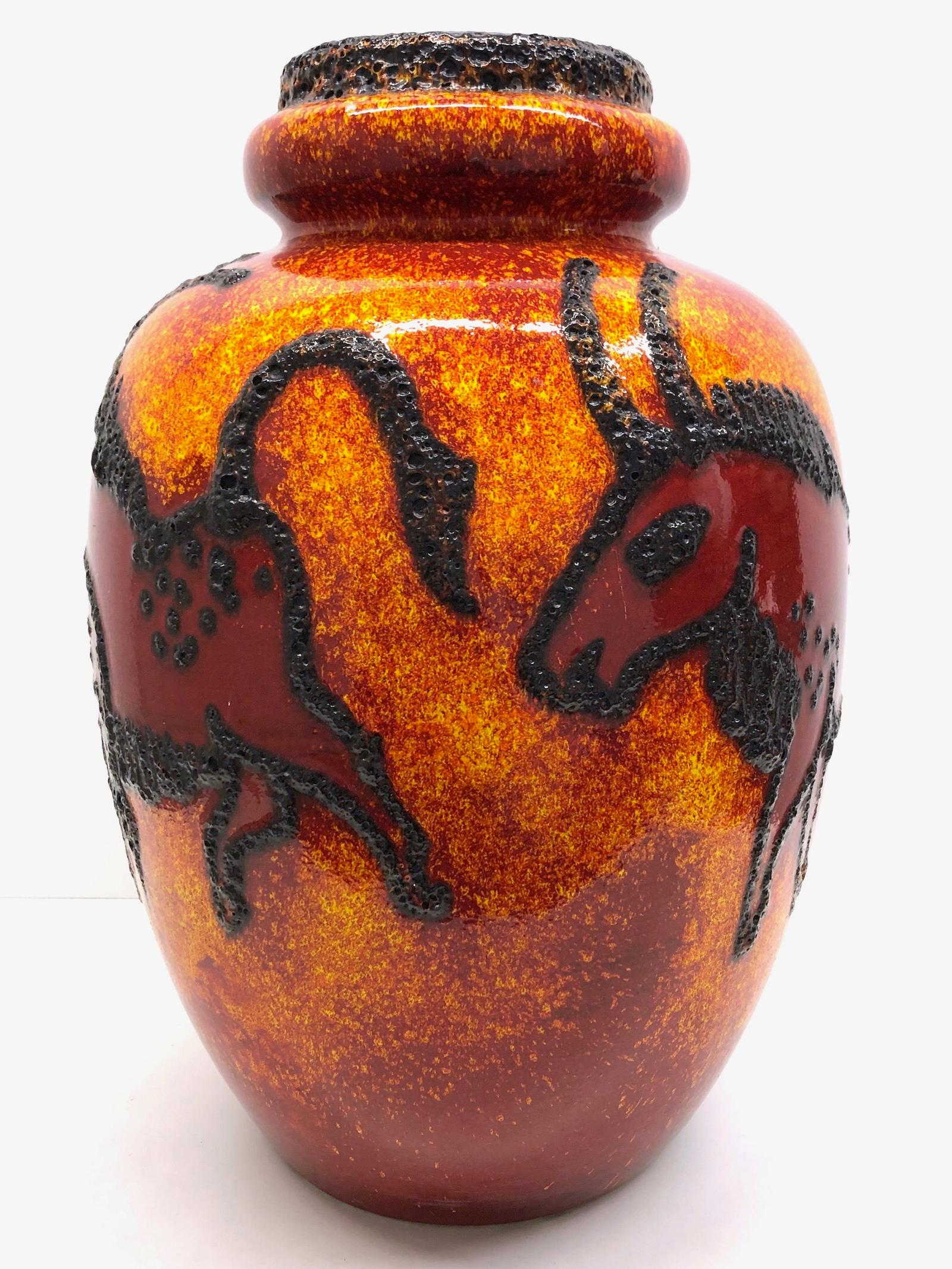 Mid-Century Modern Monumental Stone Age Mural Painting Theme Floor Vase Midcentury Fat Lava Pottery