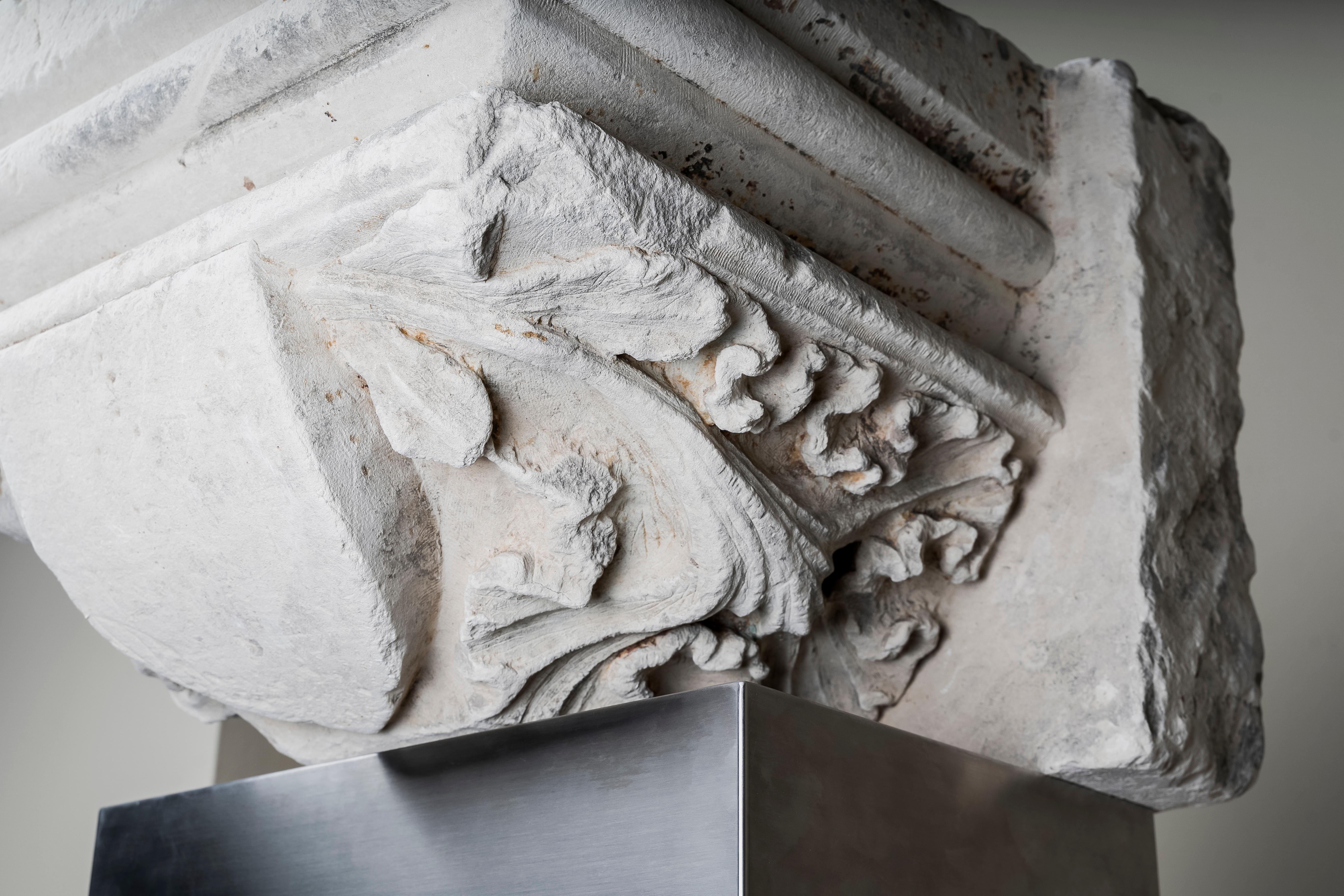 Medieval Monumental Stone Capital Decorated with Coat of Arms, France, 15th Century