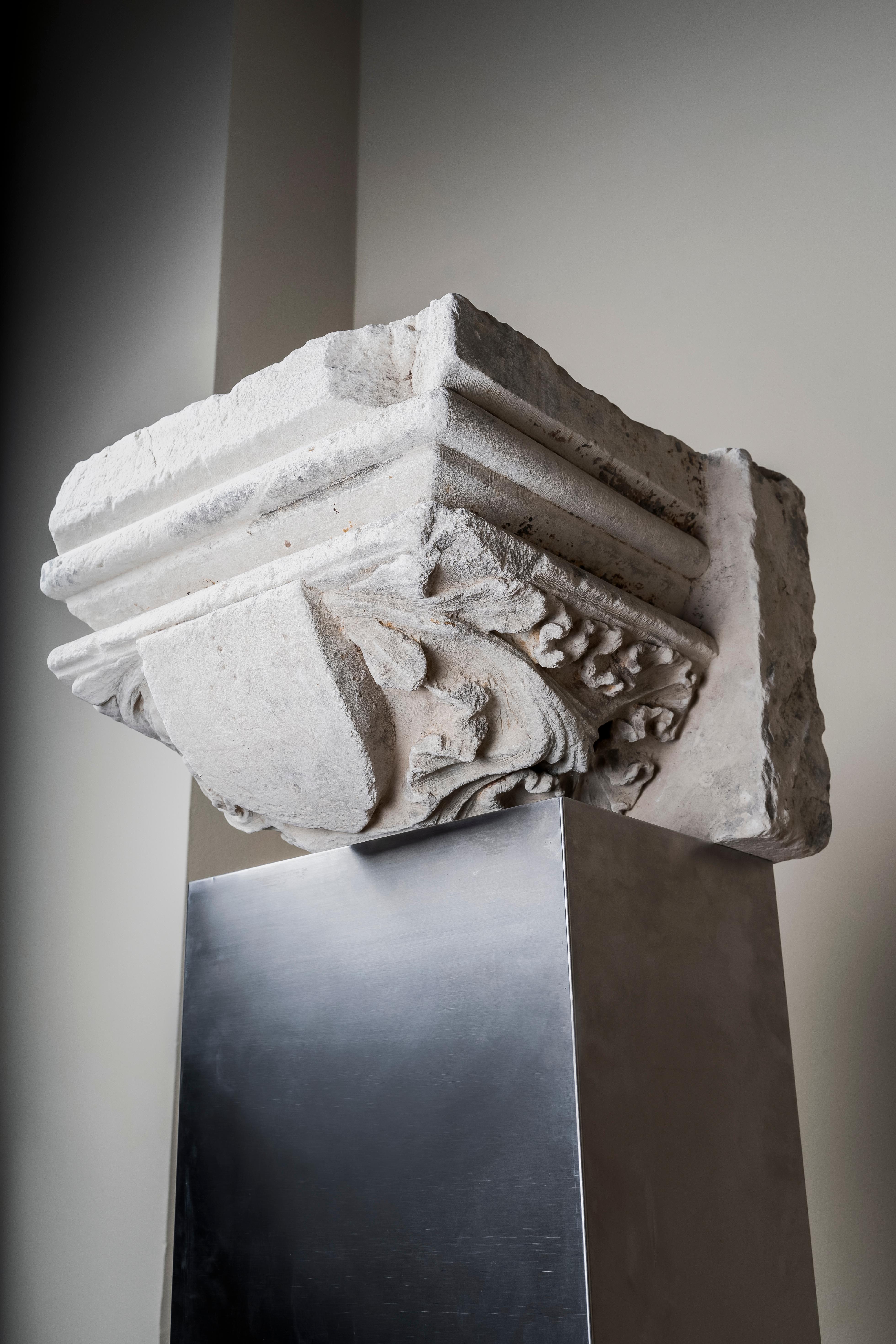 Carved Monumental Stone Capital Decorated with Coat of Arms, France, 15th Century
