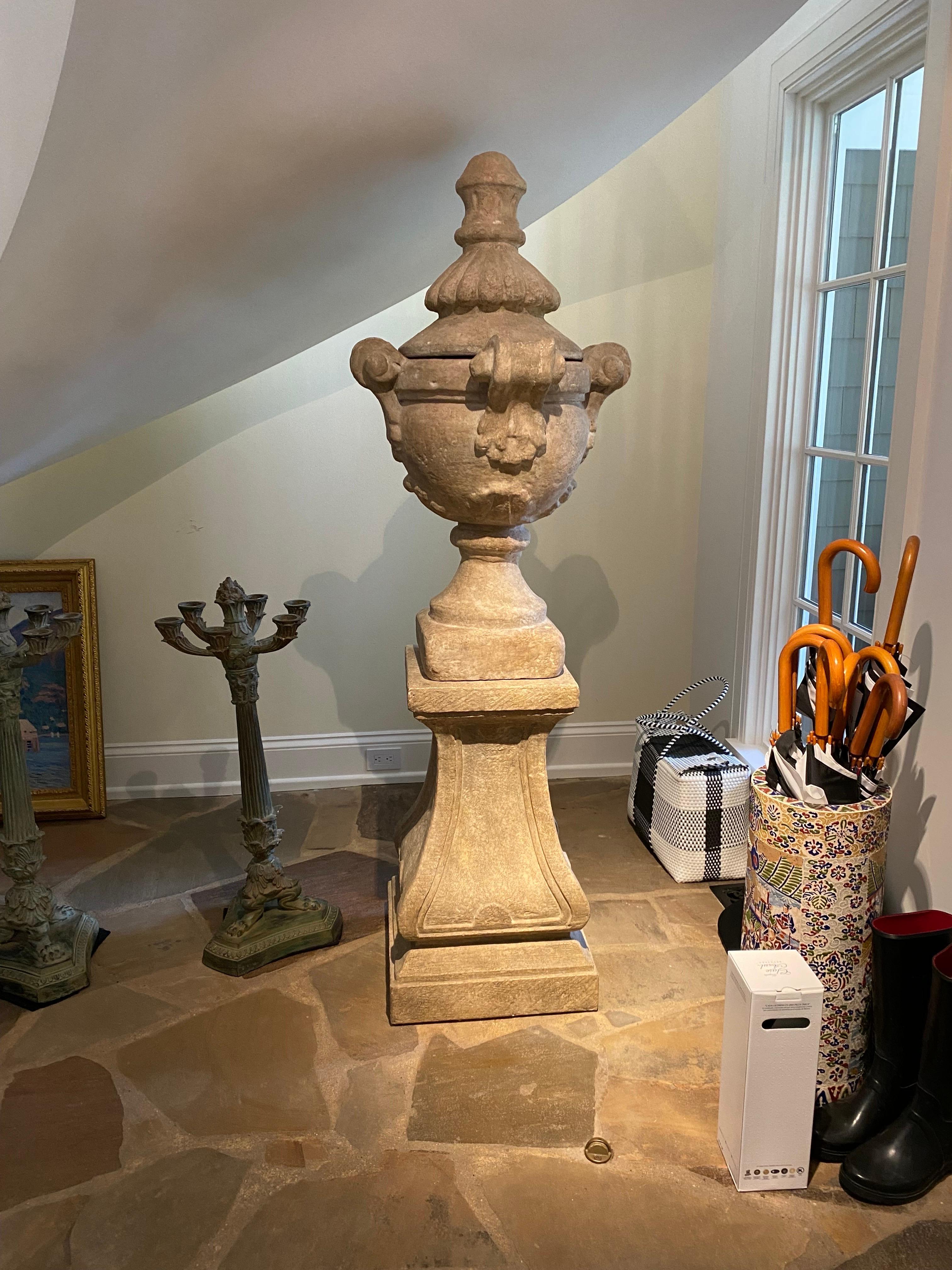 Monumental Stone Capped Urn on Pedestal, Possibly French, 20th Century
Measuring 71