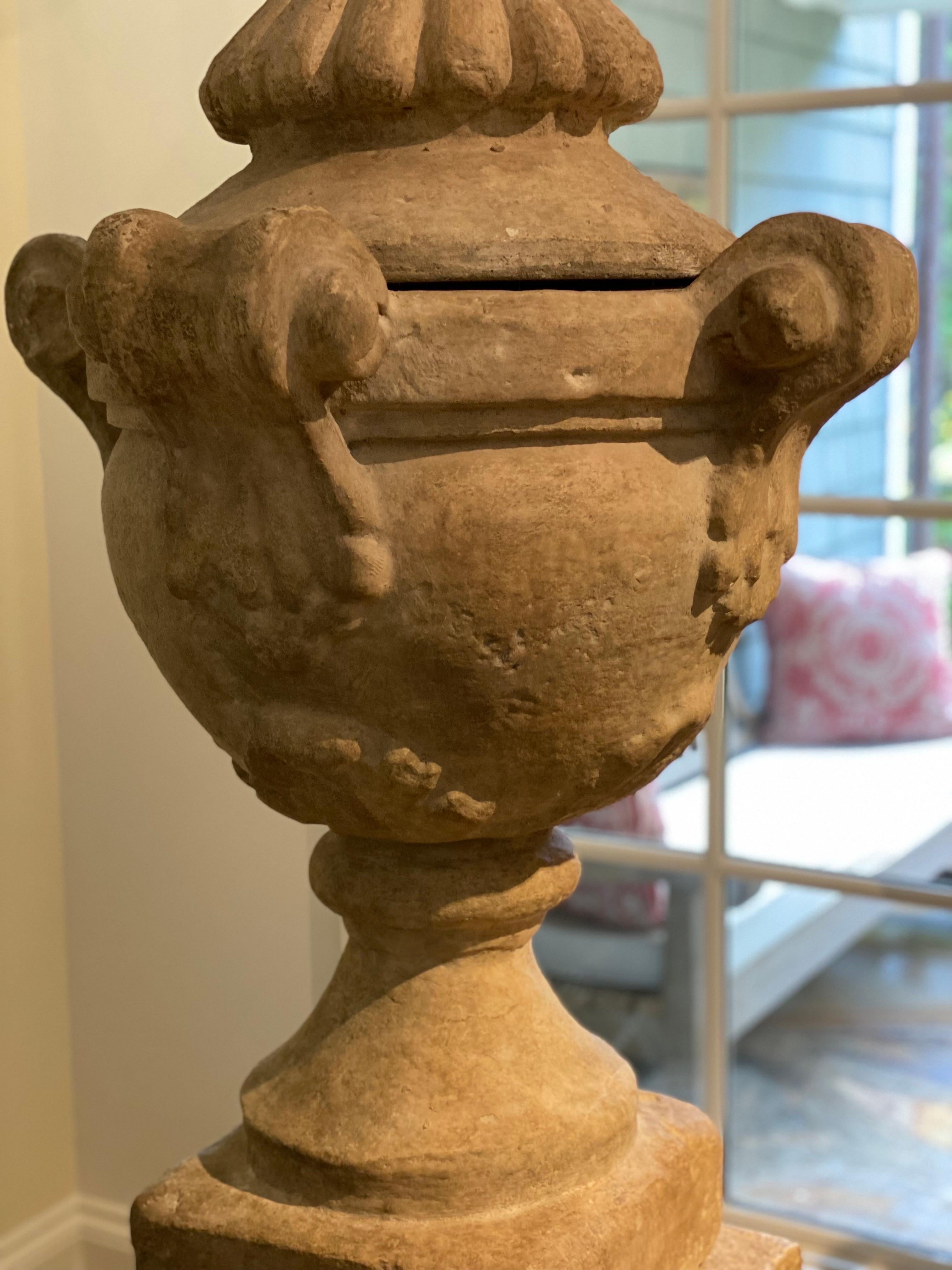 Unknown Monumental Stone Capped Urn on Pedestal For Sale