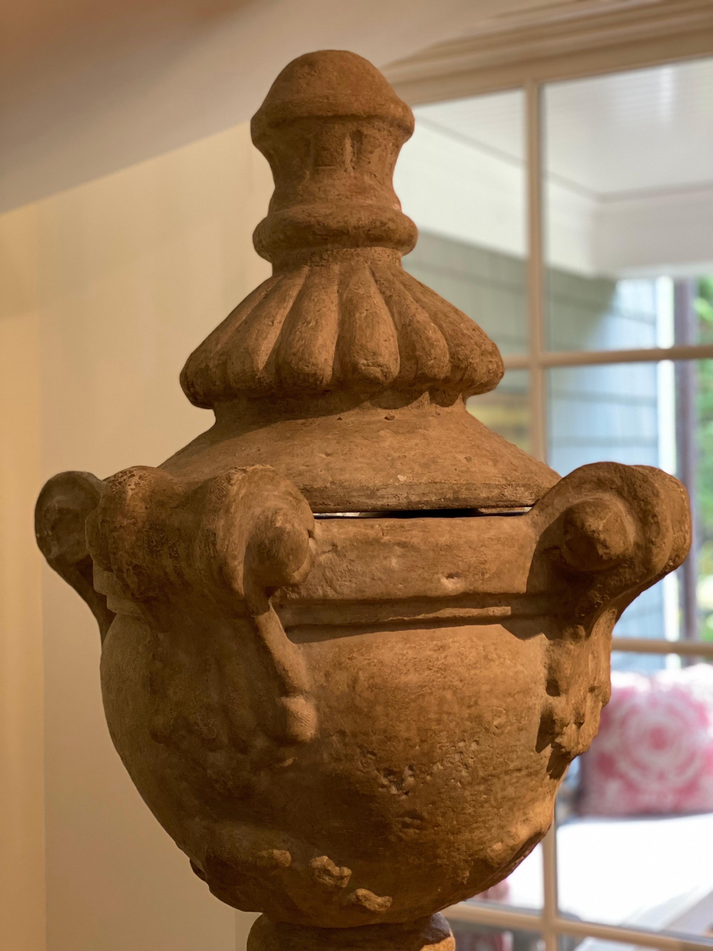Monumental Stone Capped Urn on Pedestal In Good Condition For Sale In Southampton, NY