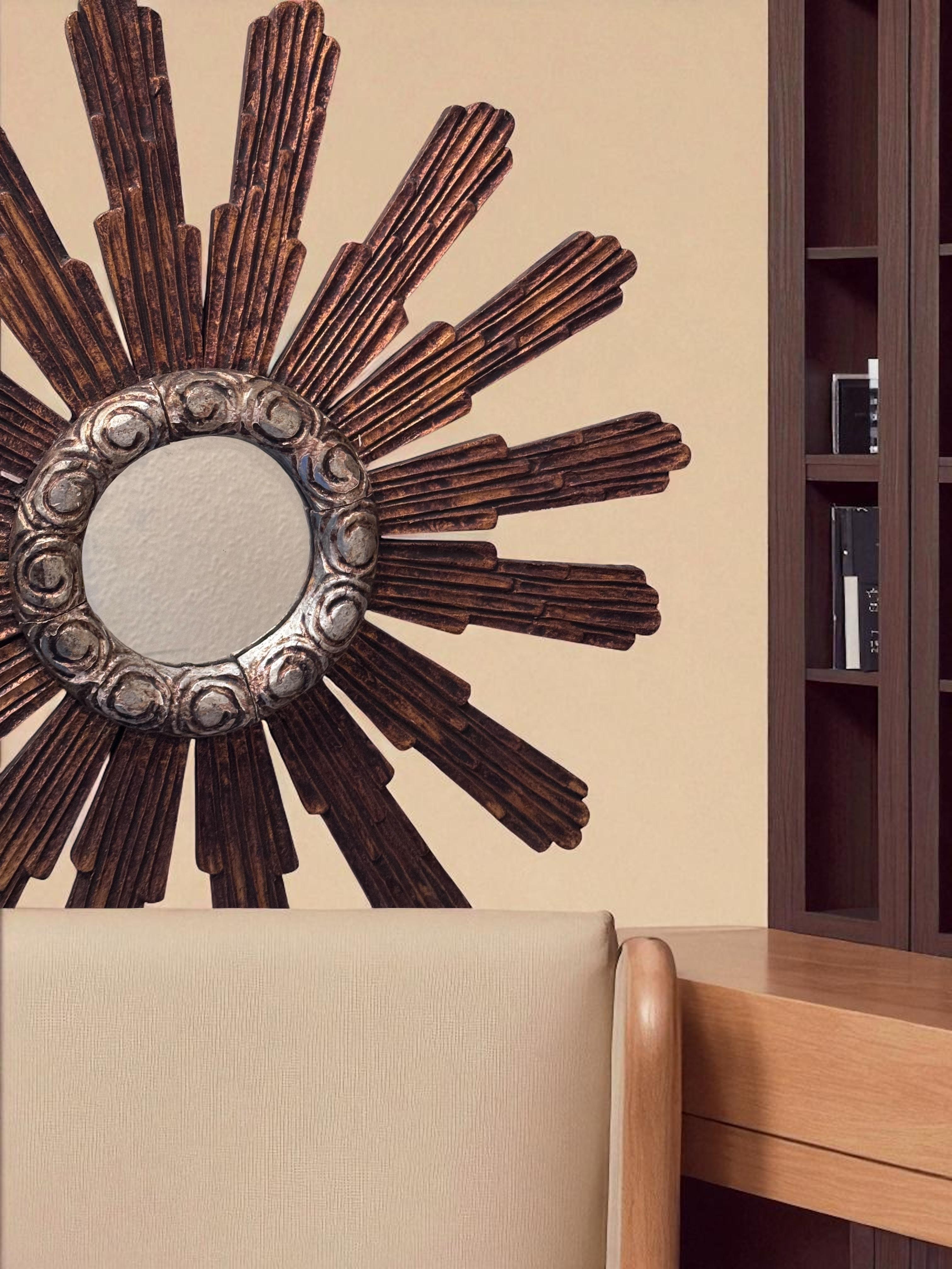 Monumentale specchio Sunburst Starburst di grandi dimensioni Wood, Italia 1910 o più vecchio in vendita 5