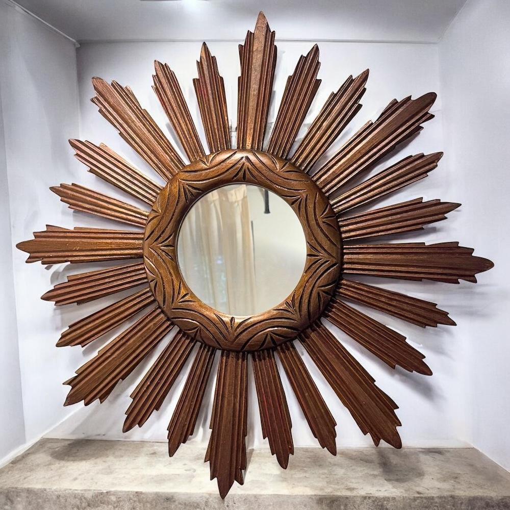 Monumentaler großer Sunburst Starburst Spiegel Wood, Italien, ca. 1950er Jahre im Angebot 11
