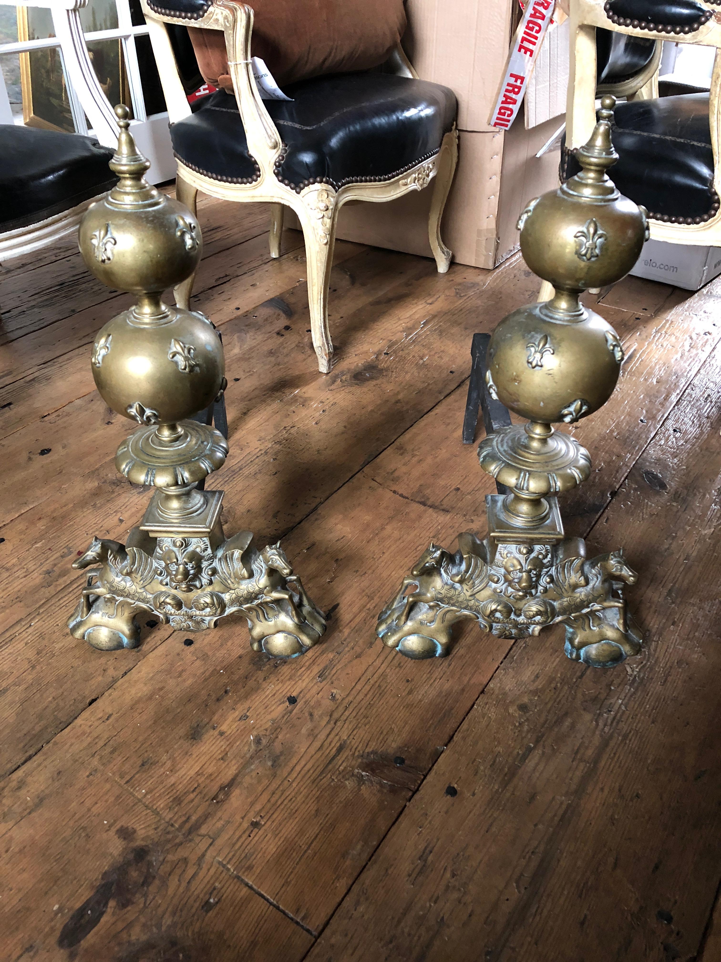 Monumental Sublime Fleur de Lis Motife French Antique Andirons In Good Condition For Sale In Hopewell, NJ