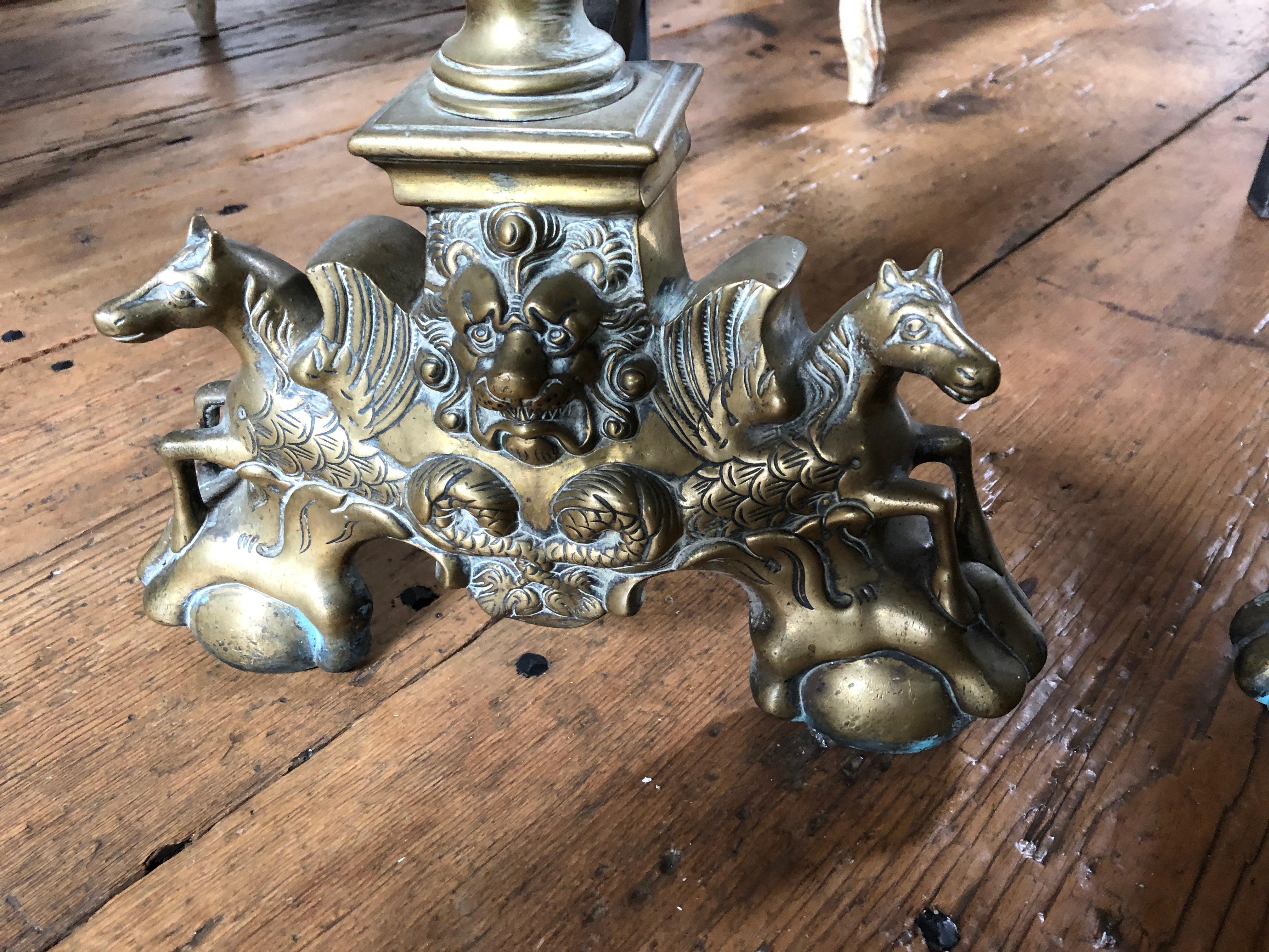 Brass Monumental Sublime Fleur de Lis Motife French Antique Andirons For Sale