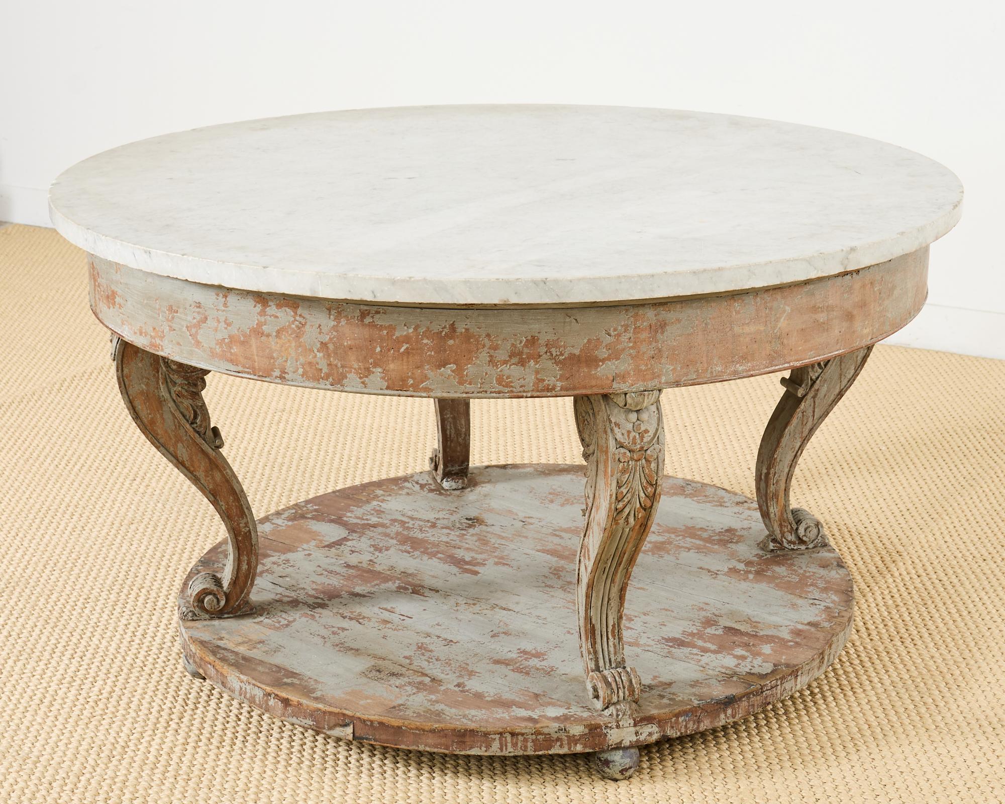 Painted Monumental Swedish Gustavian Style Marble Top Center Table For Sale