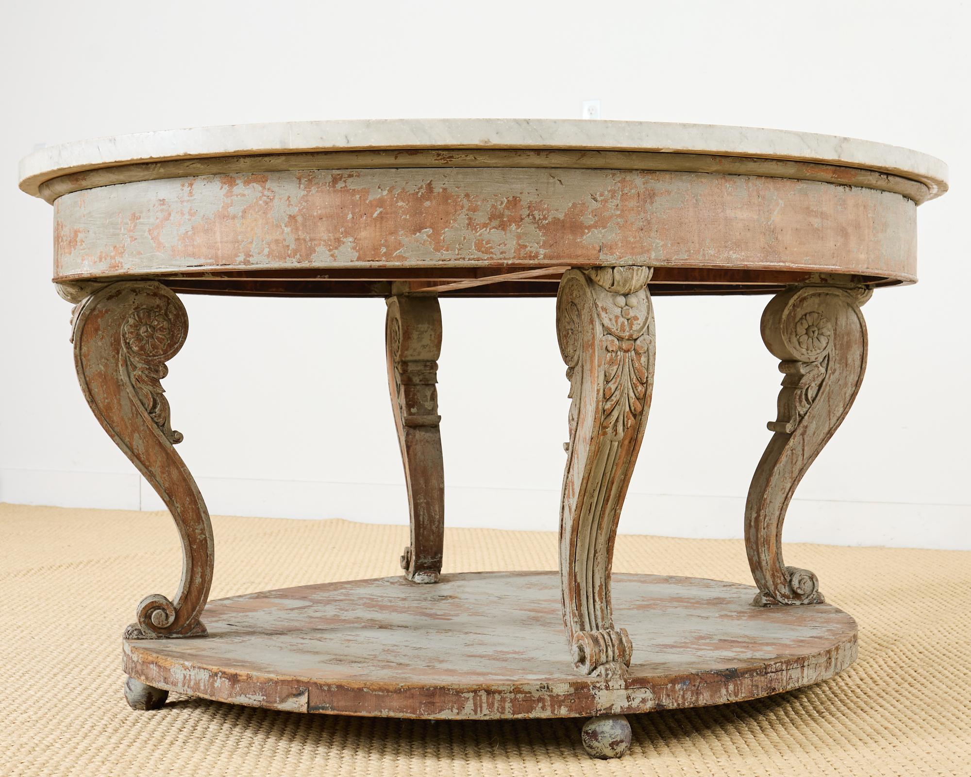 Monumental Swedish Gustavian Style Marble Top Center Table In Distressed Condition For Sale In Rio Vista, CA