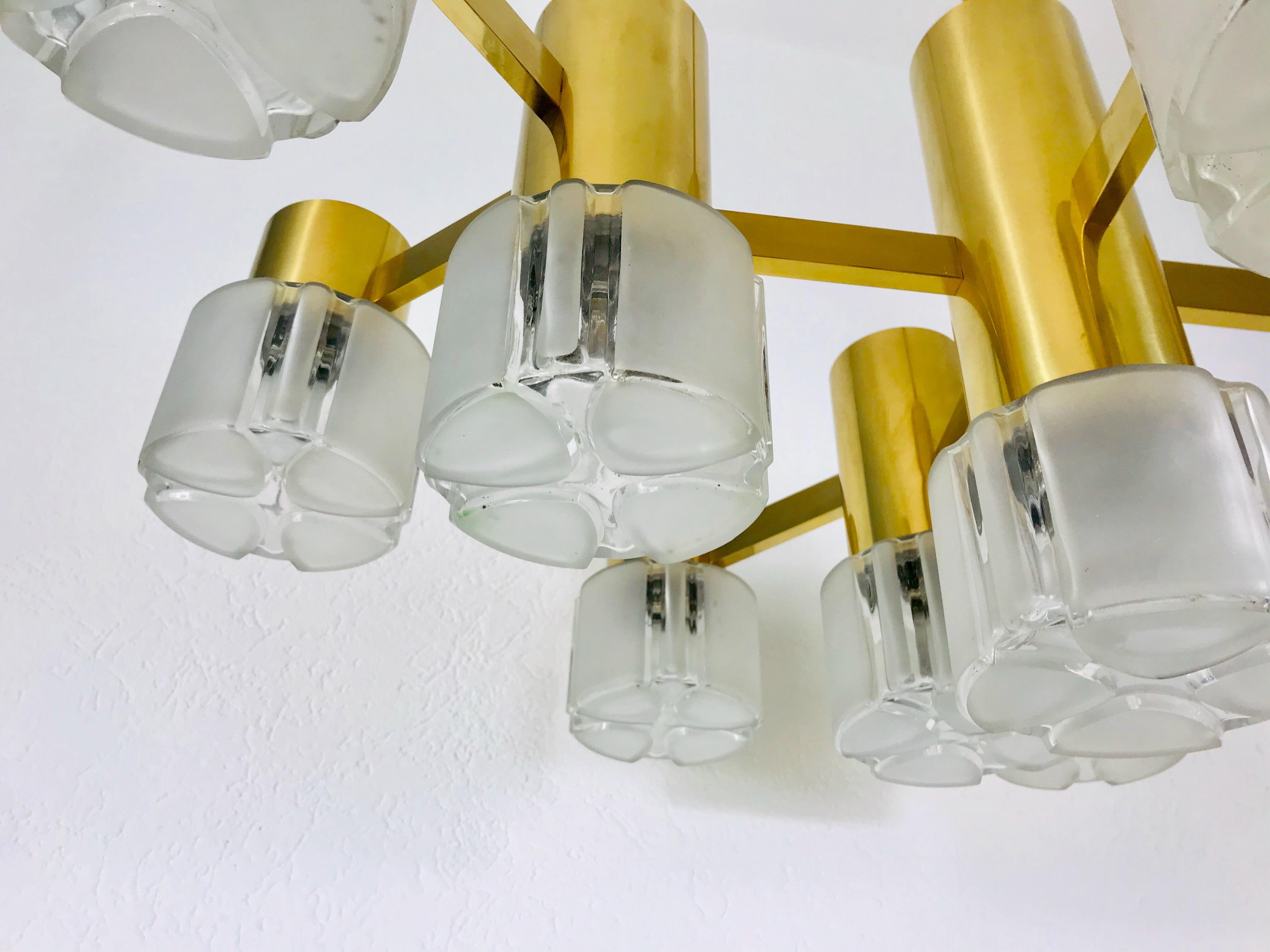 Mid-20th Century Monumental Swedish Mid-Century Modern Brass and Ice Glass Chandelier, 1960s For Sale
