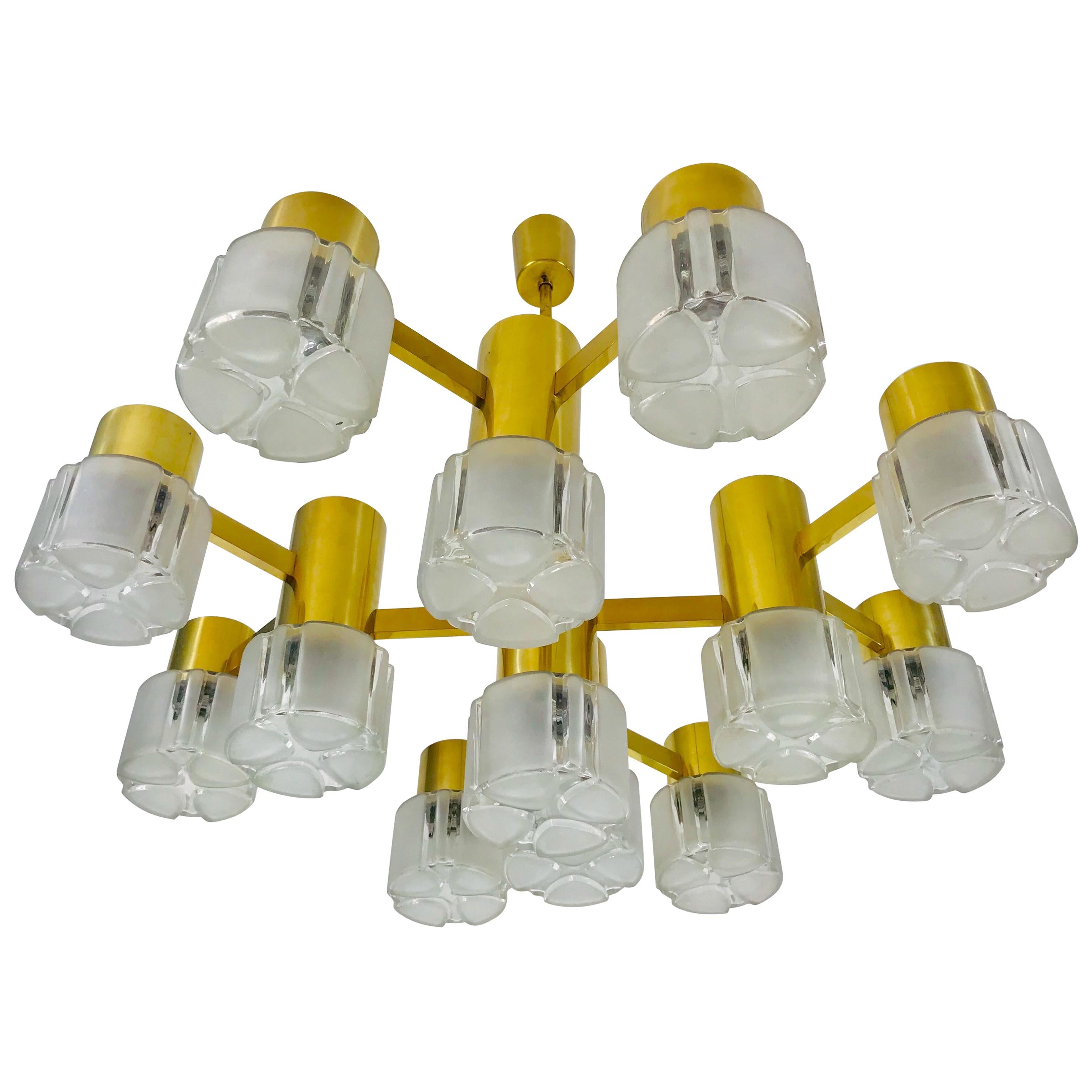 Monumental Swedish Mid-Century Modern Brass and Ice Glass Chandelier, 1960s