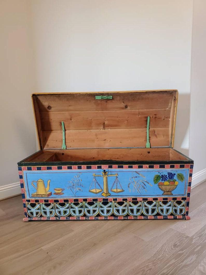 A magnificently decorated mid-19th century Swedish hand crafted and painted pine wedding dowry chest, dated 1855. 

This large and impressive chest features high quality craftsmanship, incredibly detailed and elaborate exceptionally executed