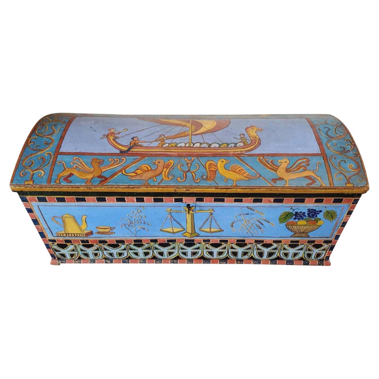 Monumental Swedish Neoclassical Hand Painted Dowry Chest For Sale