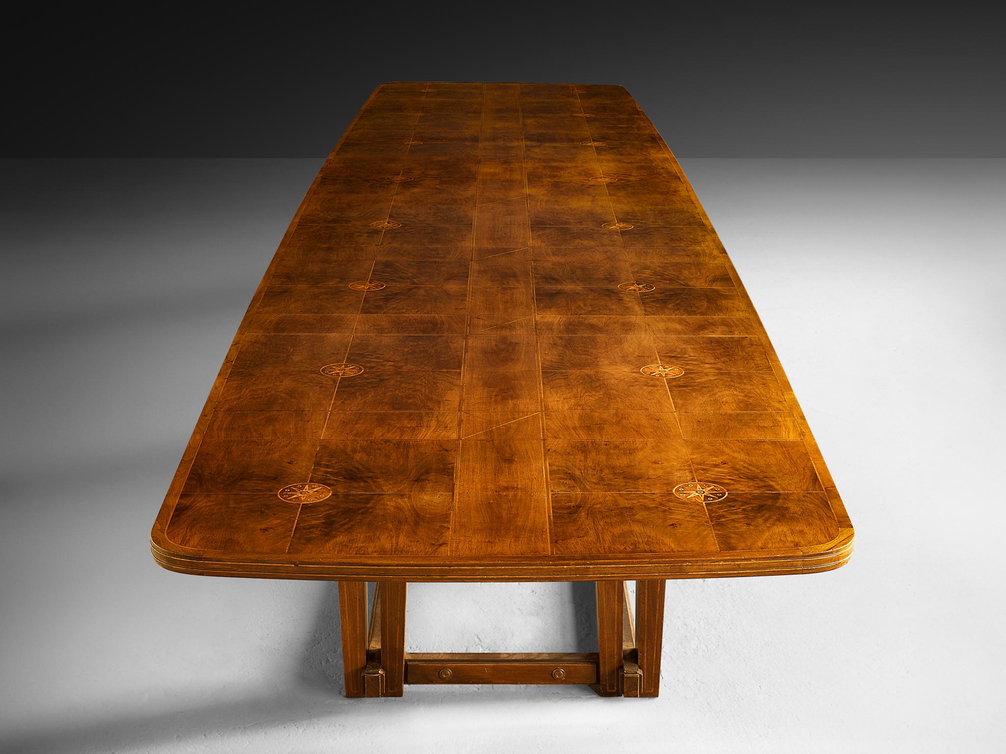 European Monumental Table in Walnut with Decorative Inlay For Sale
