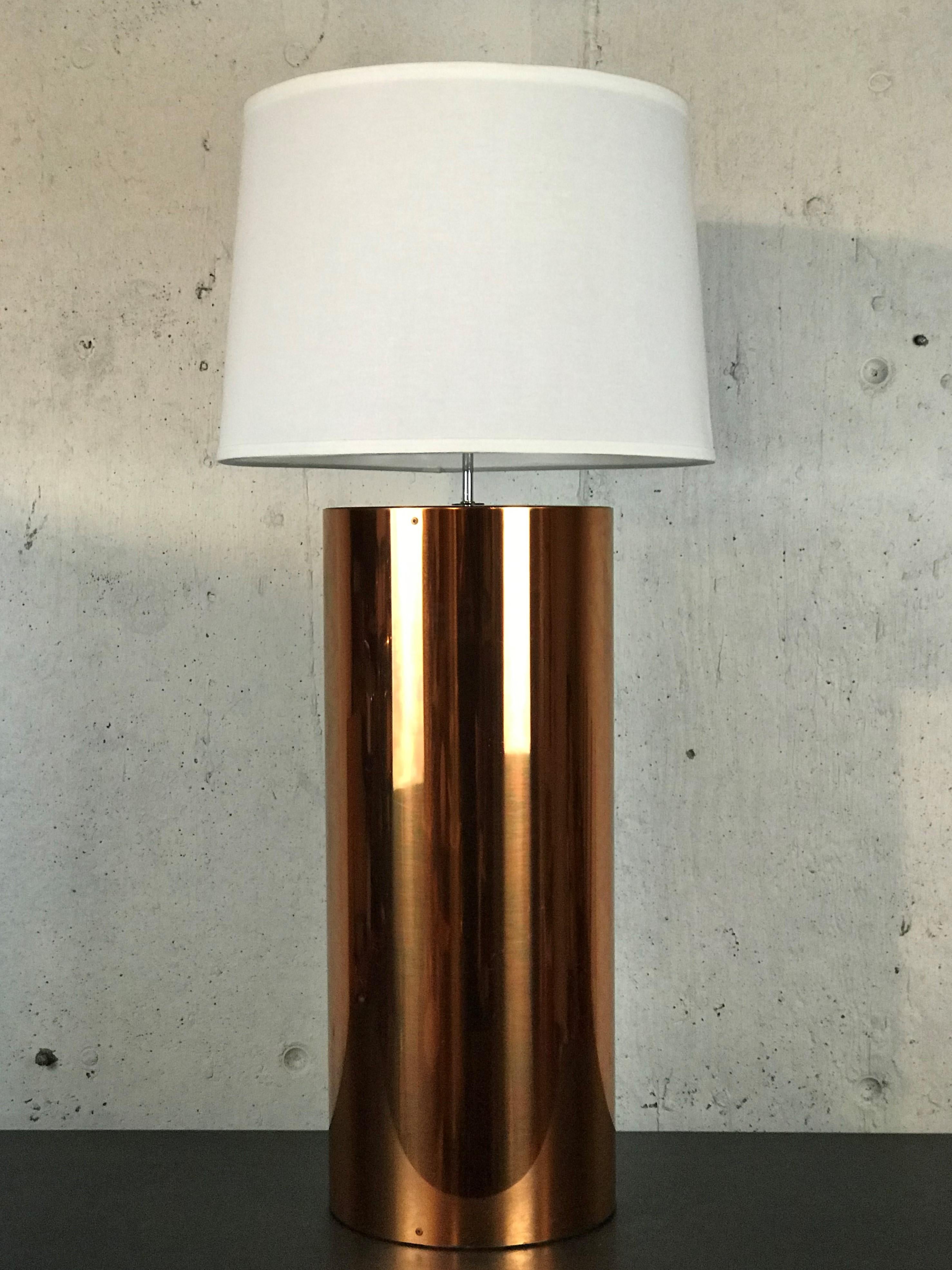 Plated Extra Large Mid Century Table Lamp Copper Cylinder Drum Form by George Kovacs