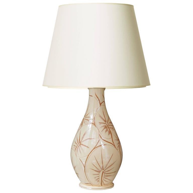 Danish Monumental Table Lamp with Leaf Pattern Sgraffito on Ivory Glaze by Kähler For Sale