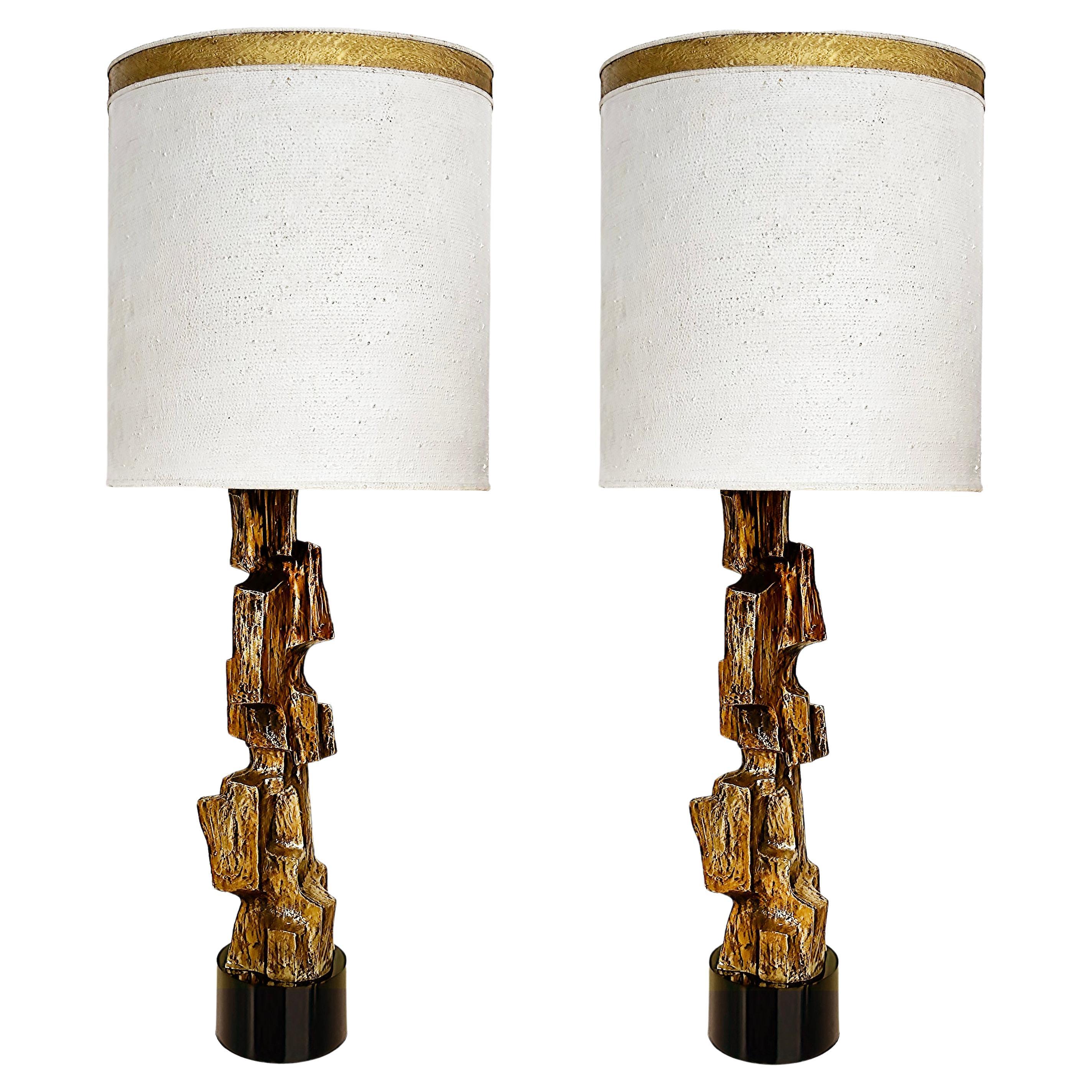 Monumental Tall Richard Barr Brutalist Laurel Table Lamps, Restored Pair For Sale