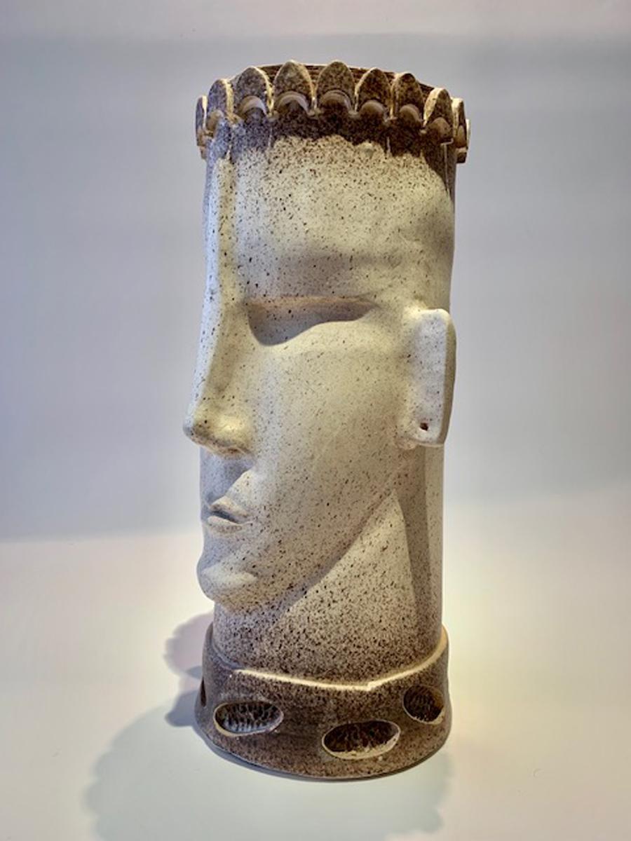 American Monumental Taupe Ceramic Sculpture Artisan Face Vase For Sale