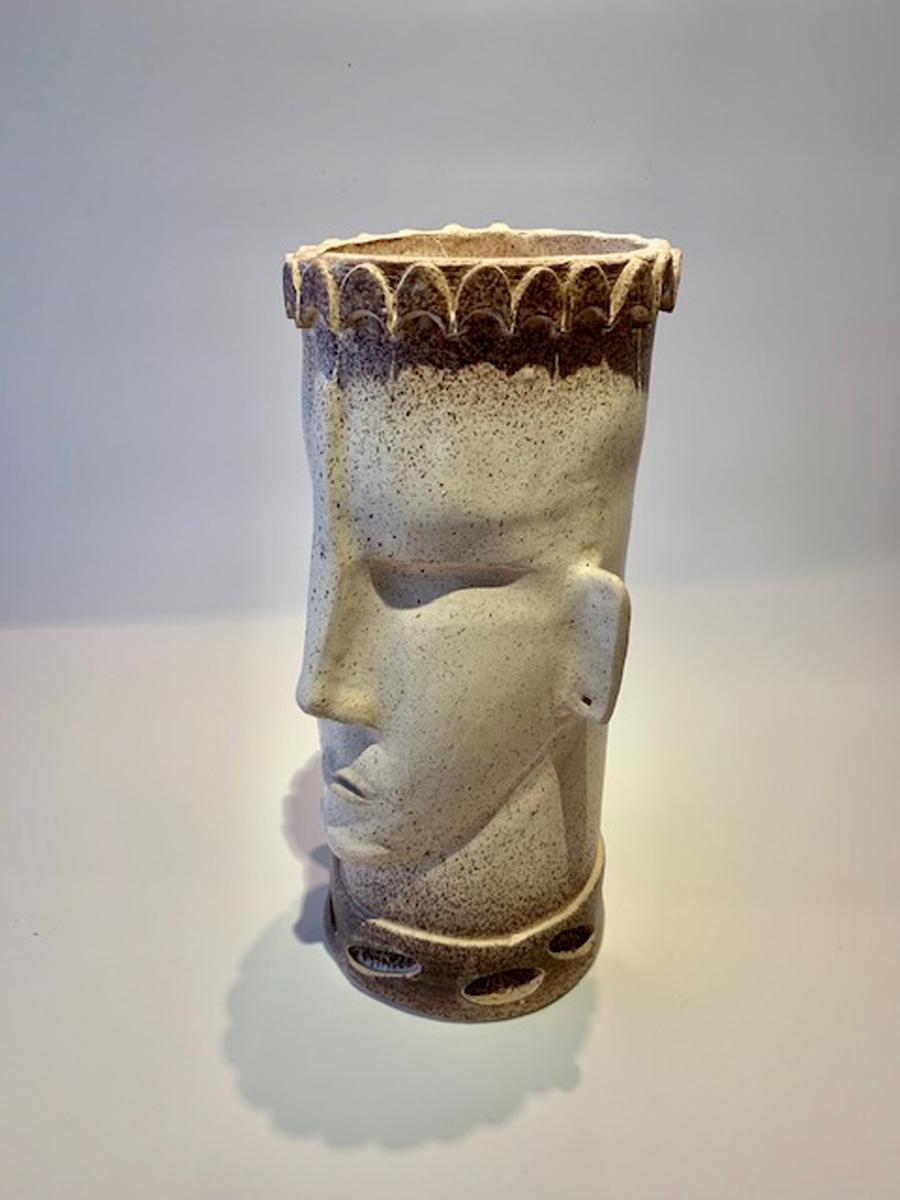 Monumental Taupe Ceramic Sculpture Artisan Face Vase In Excellent Condition For Sale In Palm Springs, CA