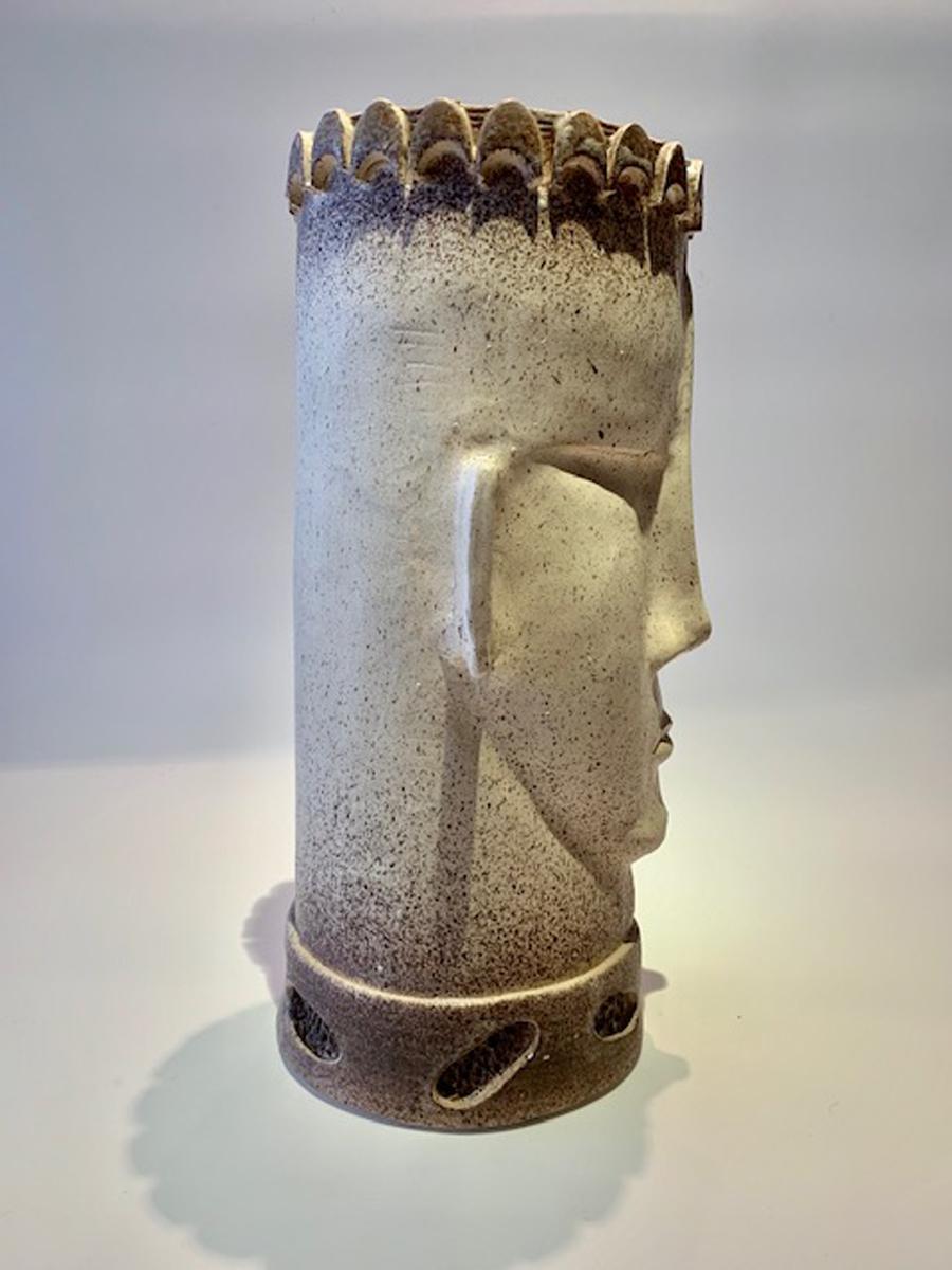 Monumental Taupe Ceramic Sculpture Artisan Face Vase For Sale 1