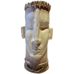 Monumental Taupe Ceramic Sculpture Artisan Face Vase