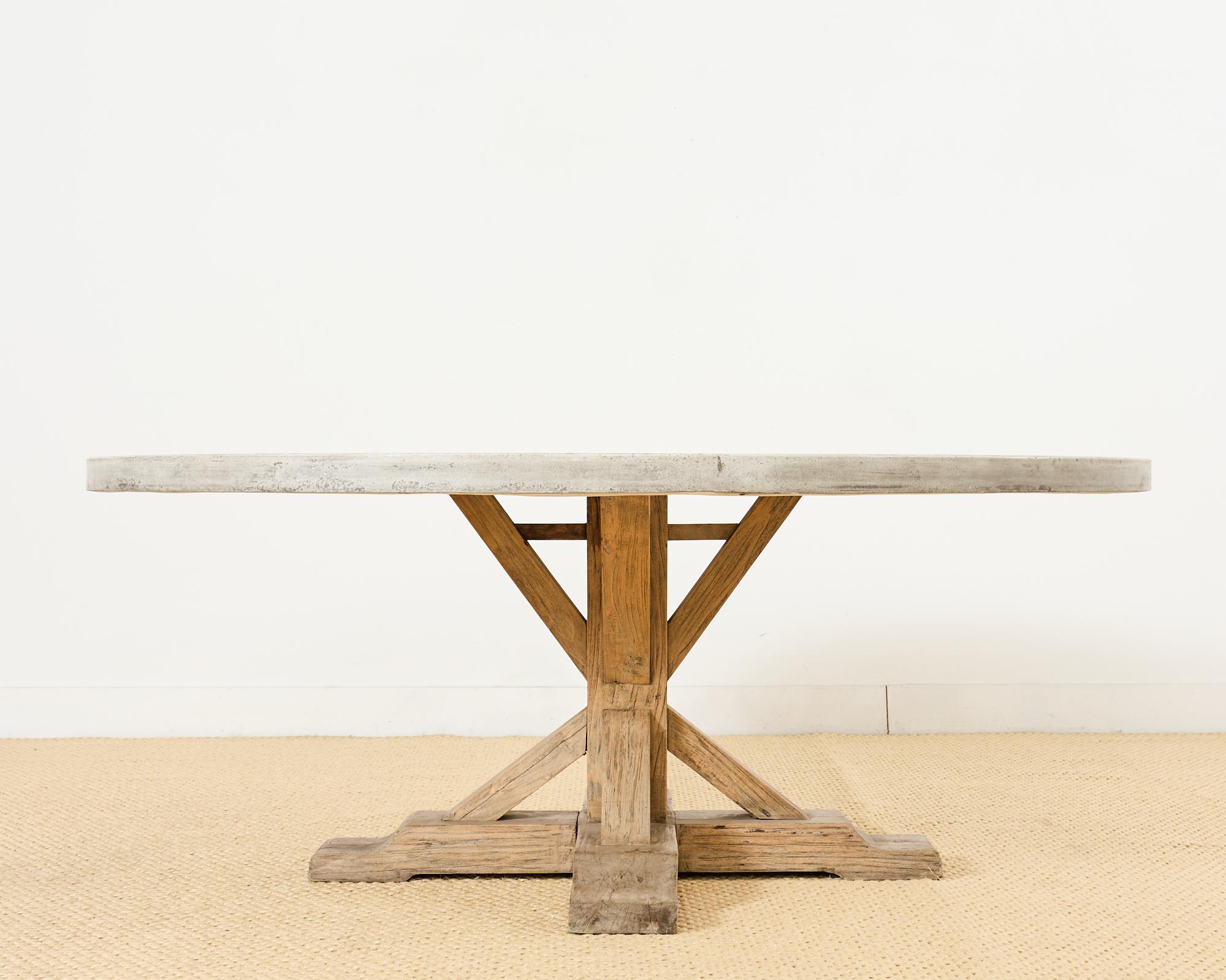 Rustic Monumental Teak Trestle Dining Table with Concrete Top