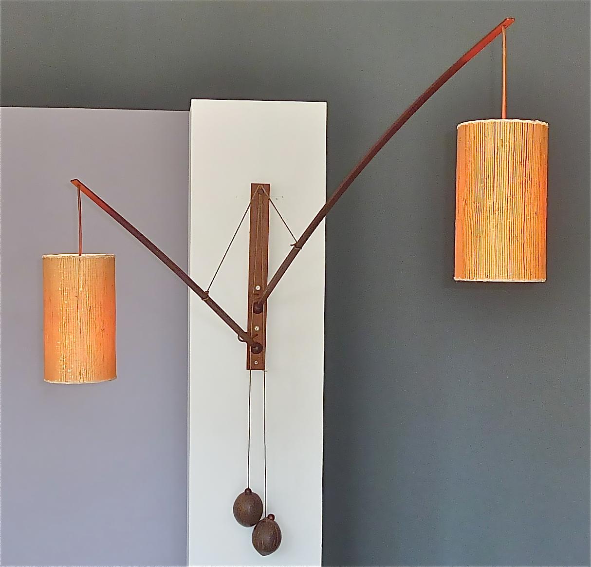 Scandinavian Modern Monumental Teak Wall Lights Lamp by Rupprecht Skrip Coconut Counterweights 1950s For Sale
