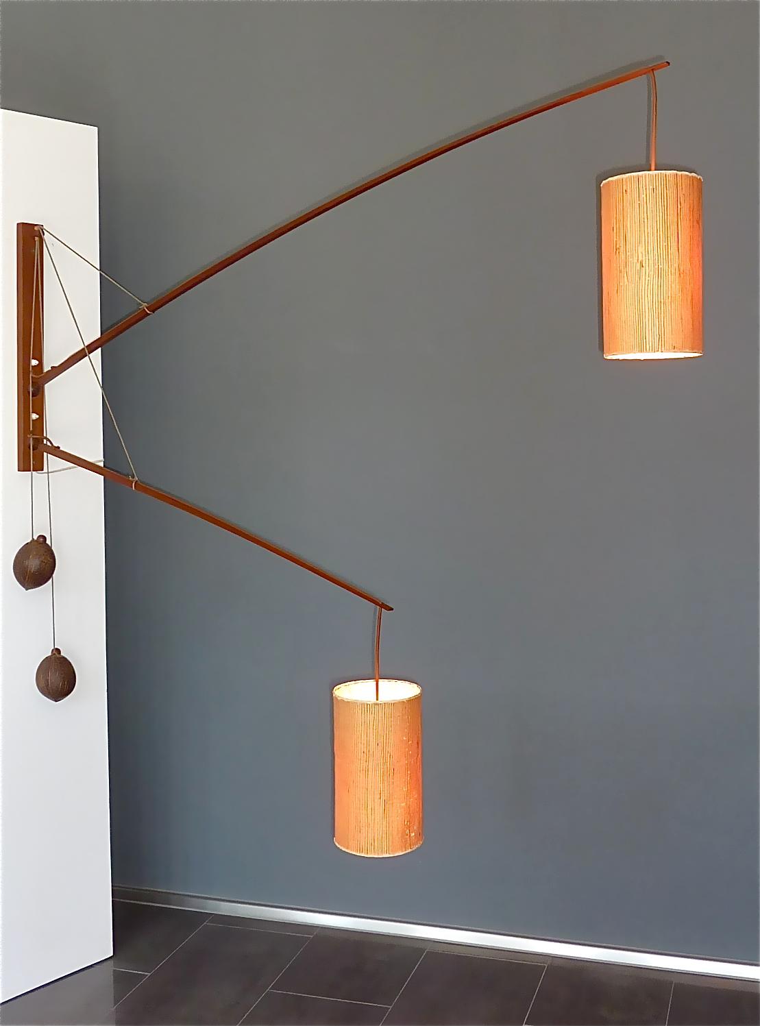 Linen Monumental Teak Wall Lights Lamp by Rupprecht Skrip Coconut Counterweights 1950s For Sale