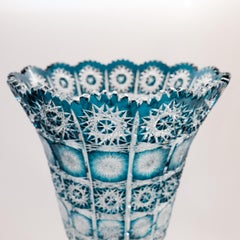 Monumental Teal or Turquoise Cut Crystal Vase, Vintage Bohemian, Very Tall