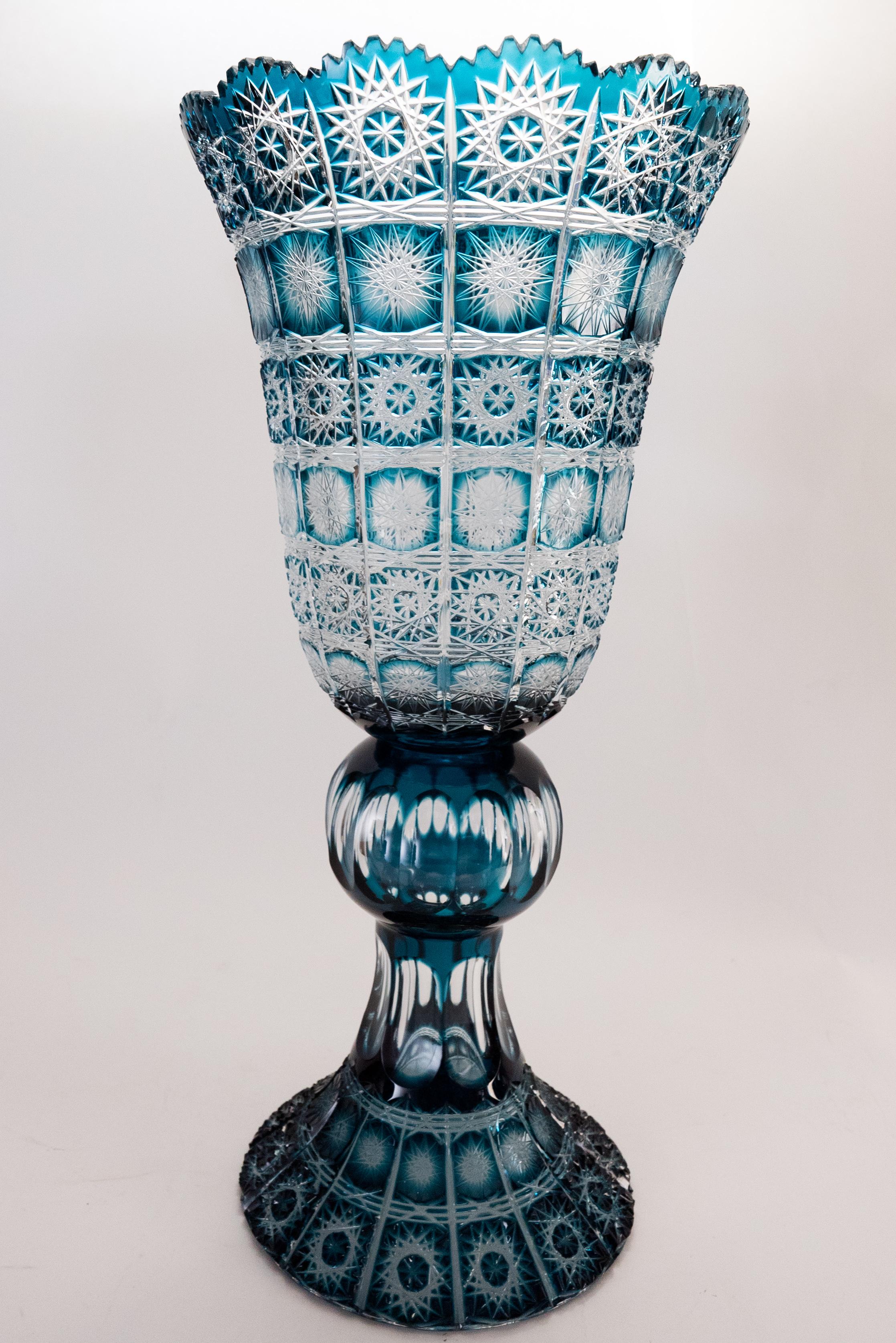 Mid-20th Century Monumental Teal or Turquoise Cut Crystal Vase, Vintage Bohemian, Very Tall