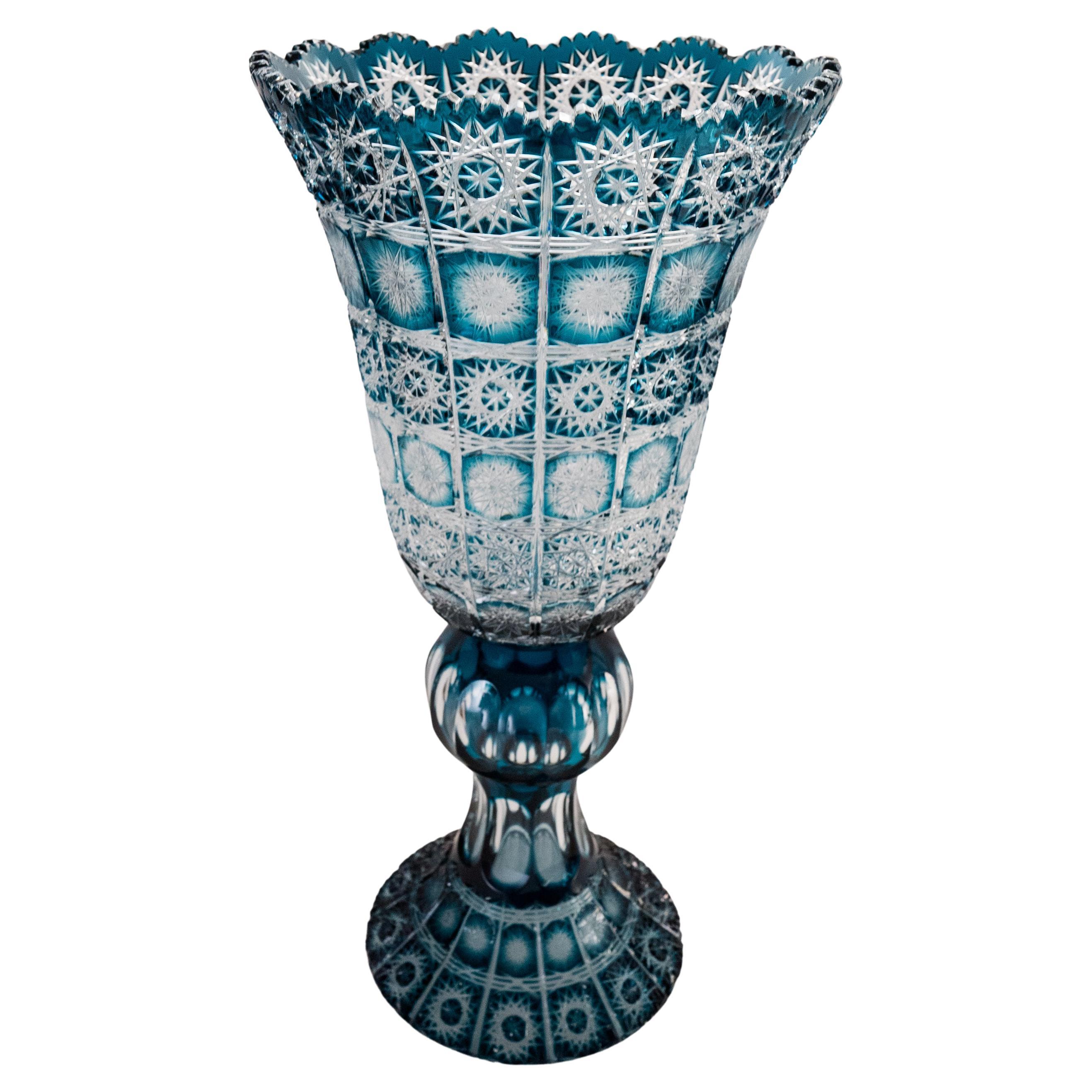 Monumental Teal or Turquoise Cut Crystal Vase, Vintage Bohemian, Very Tall