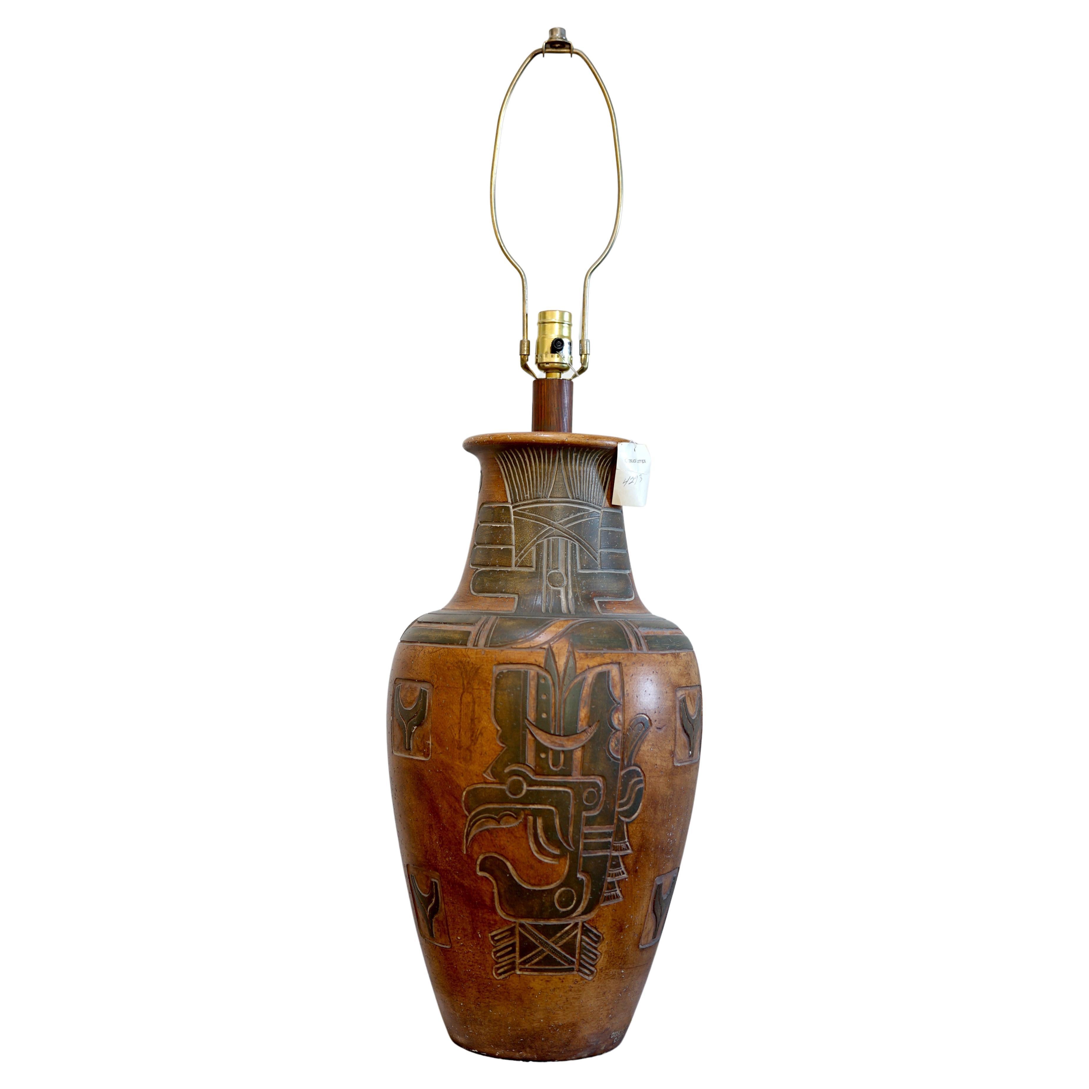 Casual Lamps of California Furniture Monumental Aztec Pattern Hand Painted Lamp  For Sale