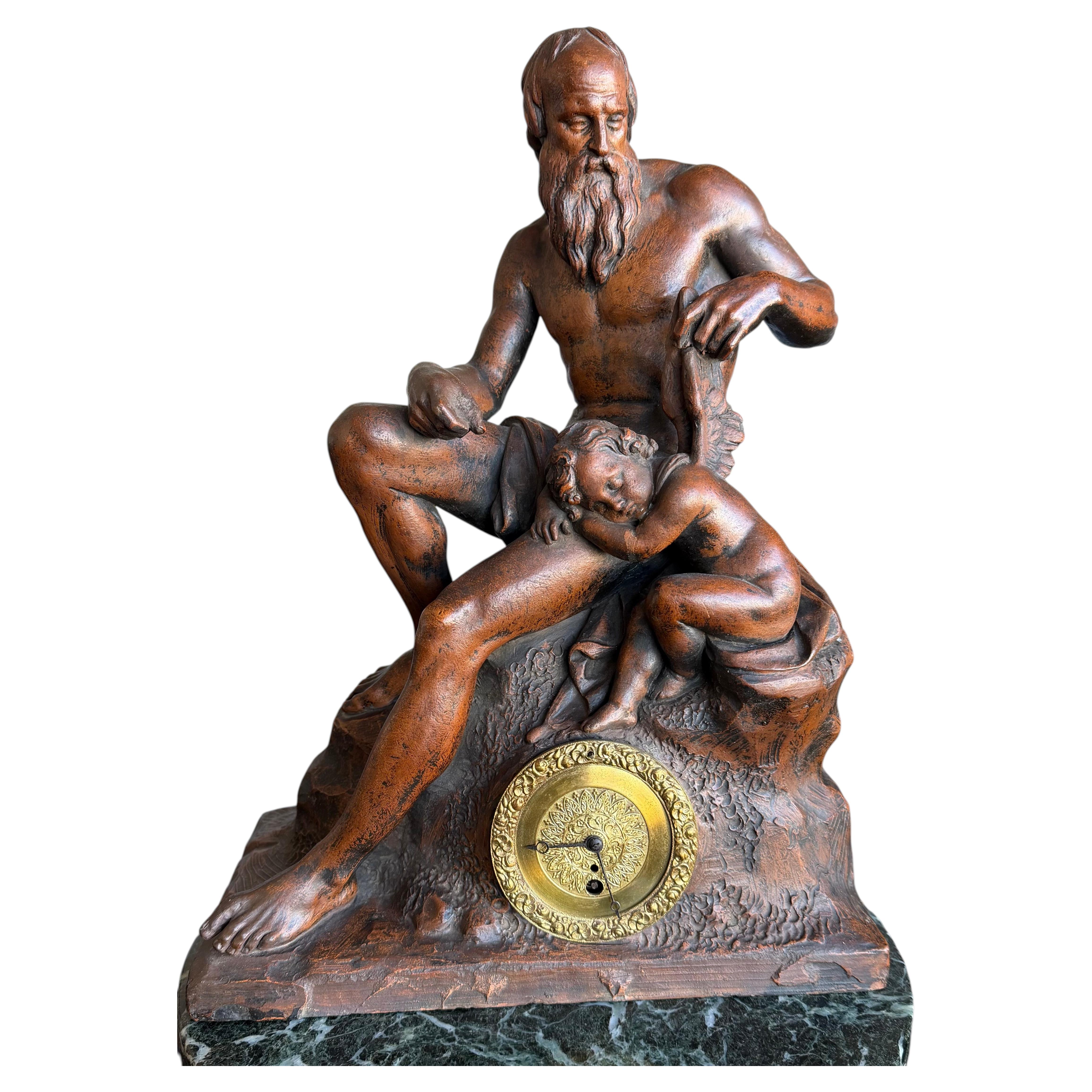 Monumental Terracotta Figural Mantel Clock Attr to Louis Royer, Sign L.Royer f. For Sale