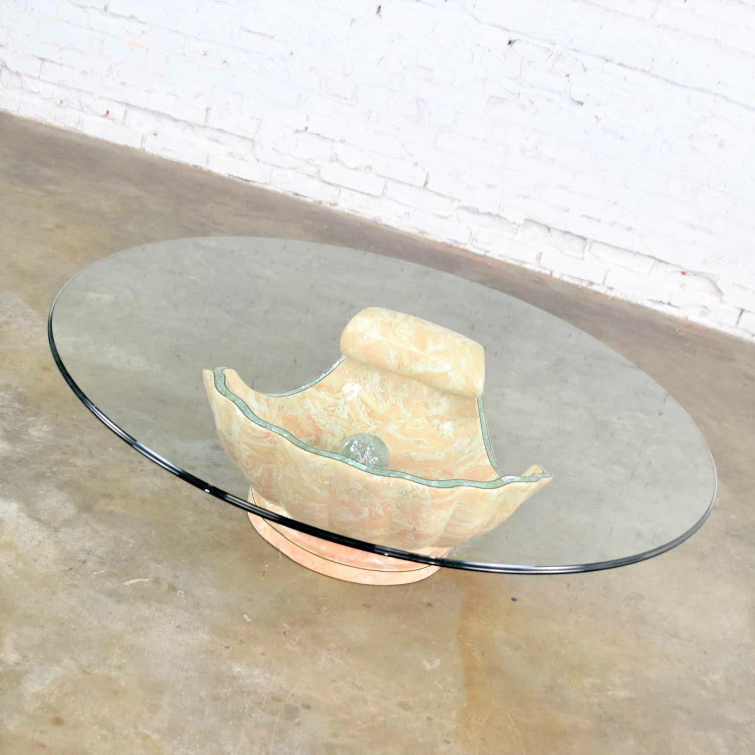 Monumental Tessellated Marble Clam Shell with Giant Pearl as Coffee Table Base For Sale 1