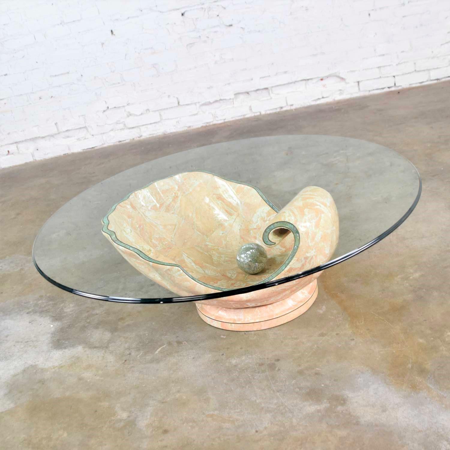 Monumental Tessellated Marble Clam Shell with Giant Pearl as Coffee Table Base In Good Condition In Topeka, KS