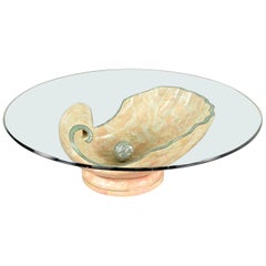 Monumental Tessellated Marble Clam Shell with Giant Pearl as Coffee Table Base