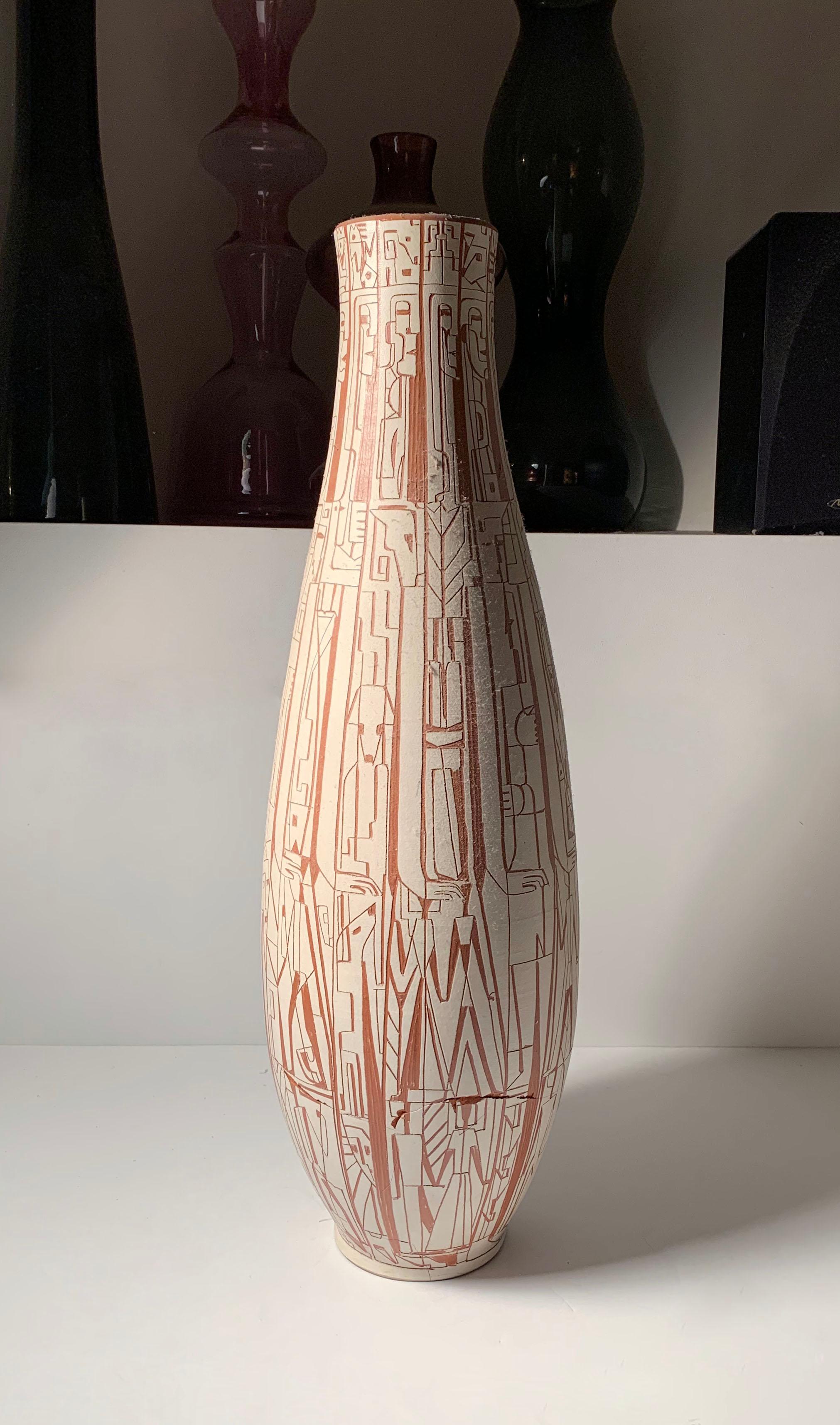Monumental Theo & Susan Harlander Brooklin pottery cubist vase.

Vase has bad damage to it in need of restoration. Such a monumental and significant work by this couple that is worth restoring. Hairline with some lose around the hairline as
