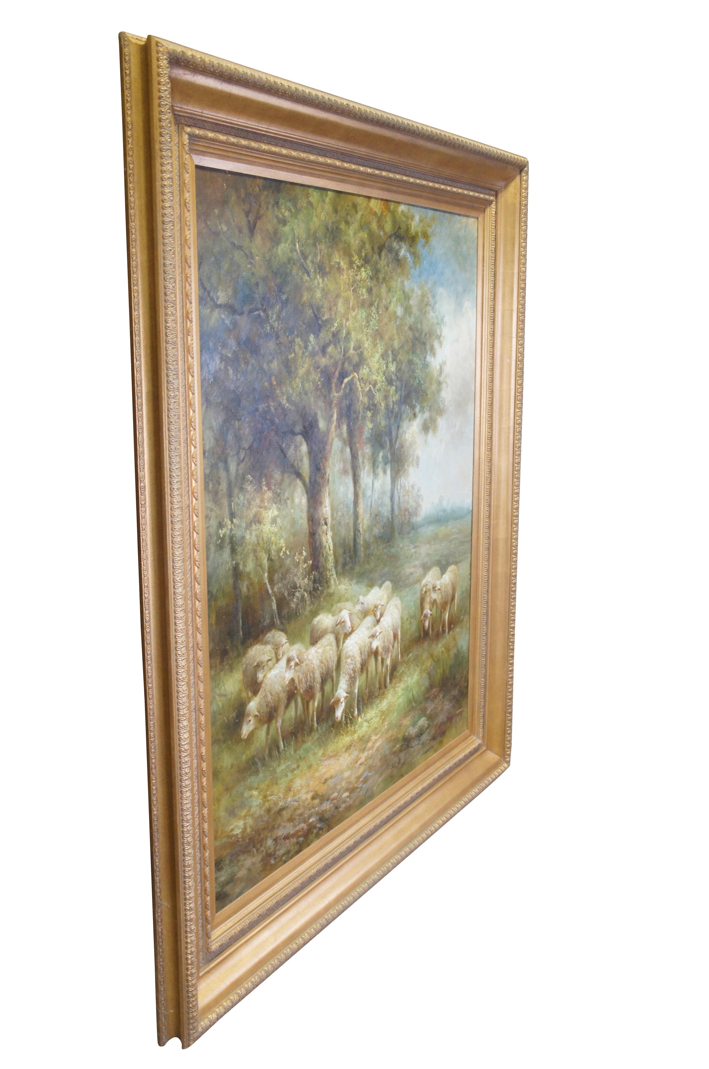 Monumental Thomas Barron Sheep Grazing Forest Landscape Oil Painting 75
