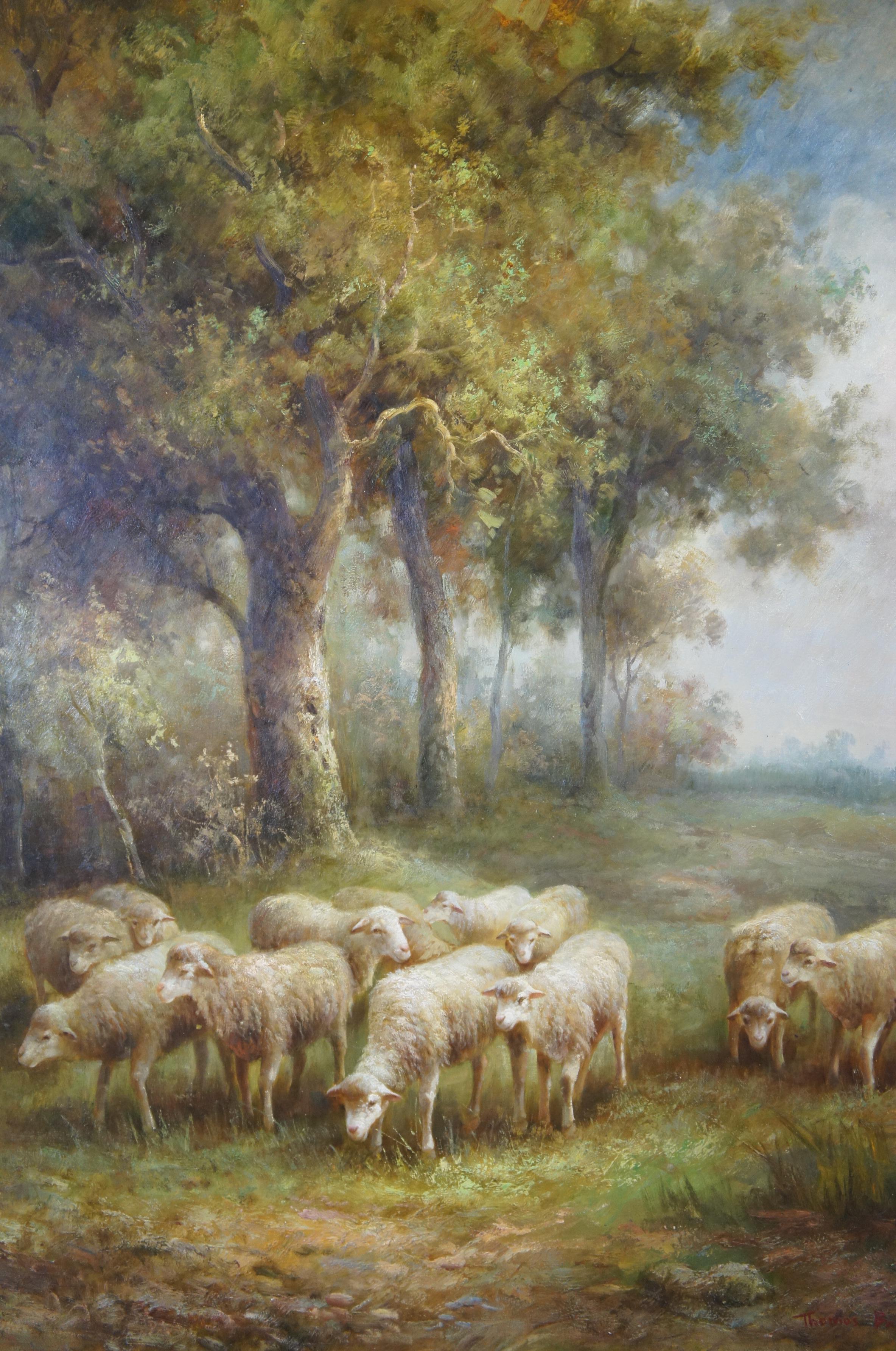 20th Century Monumental Thomas Barron Sheep Grazing Forest Landscape Oil Painting 75