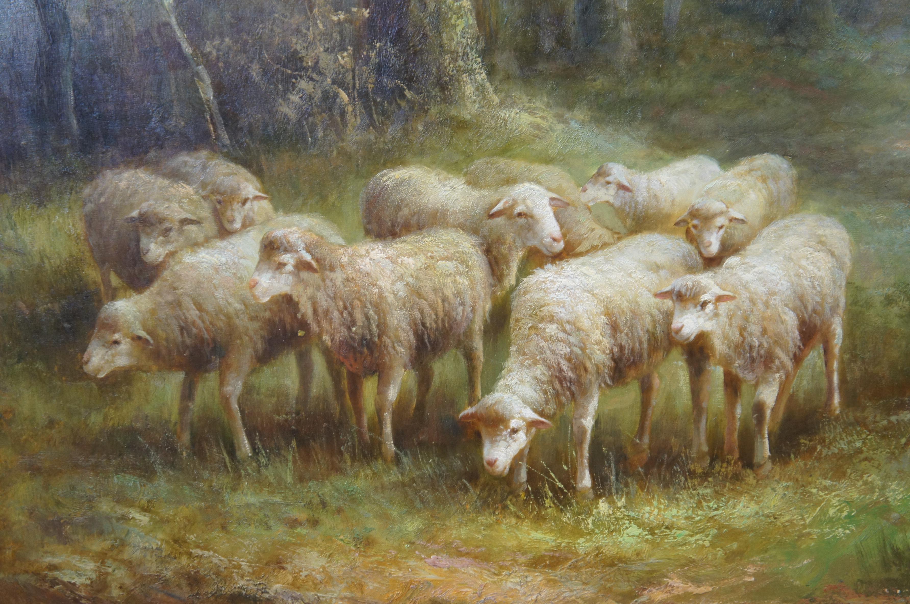 Peinture à l'huile monumentale de Thomas Thomas Barron, moutons en train de brouter, paysage forestier 75