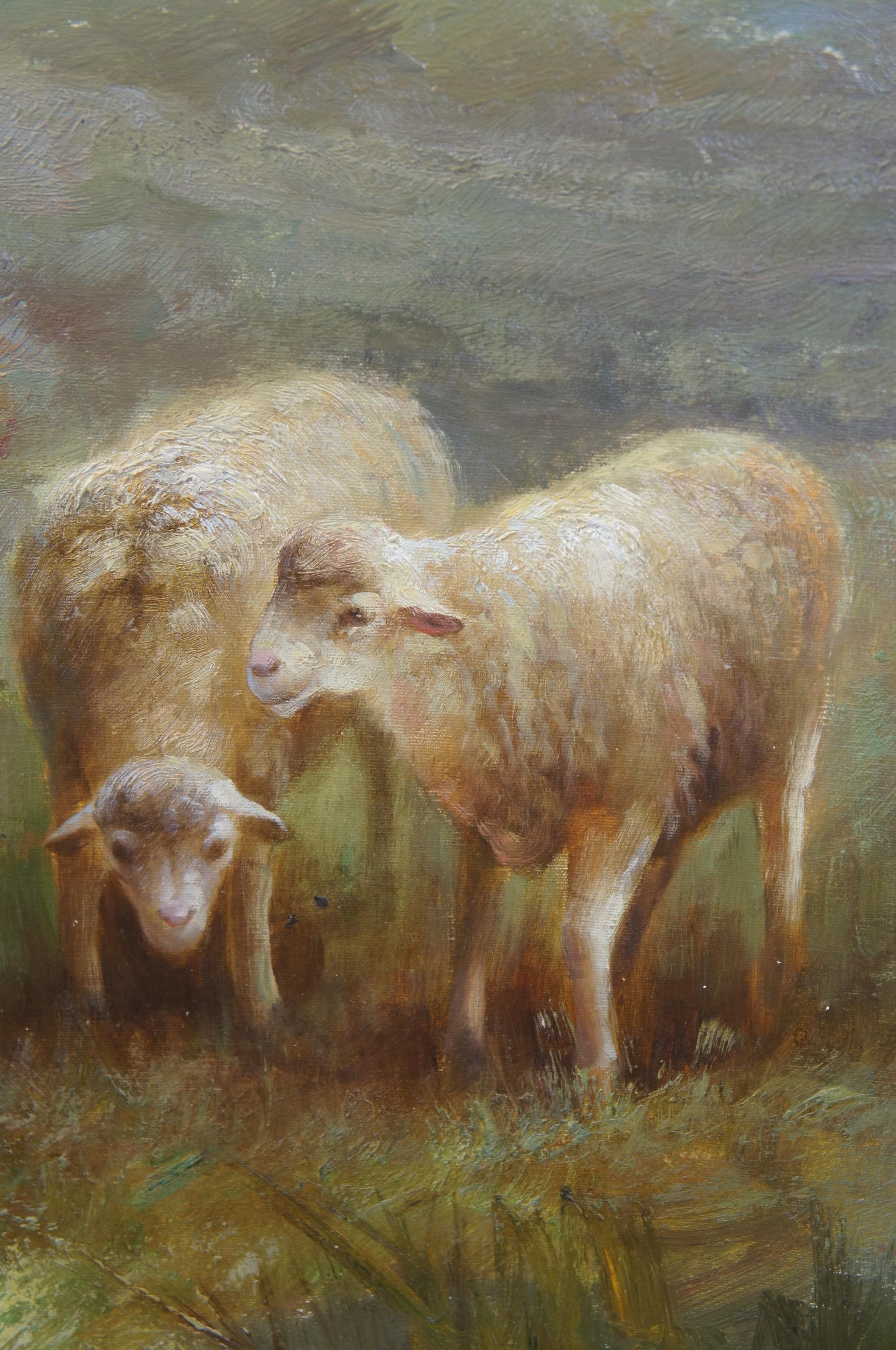 Peinture à l'huile monumentale de Thomas Thomas Barron, moutons en train de brouter, paysage forestier 75