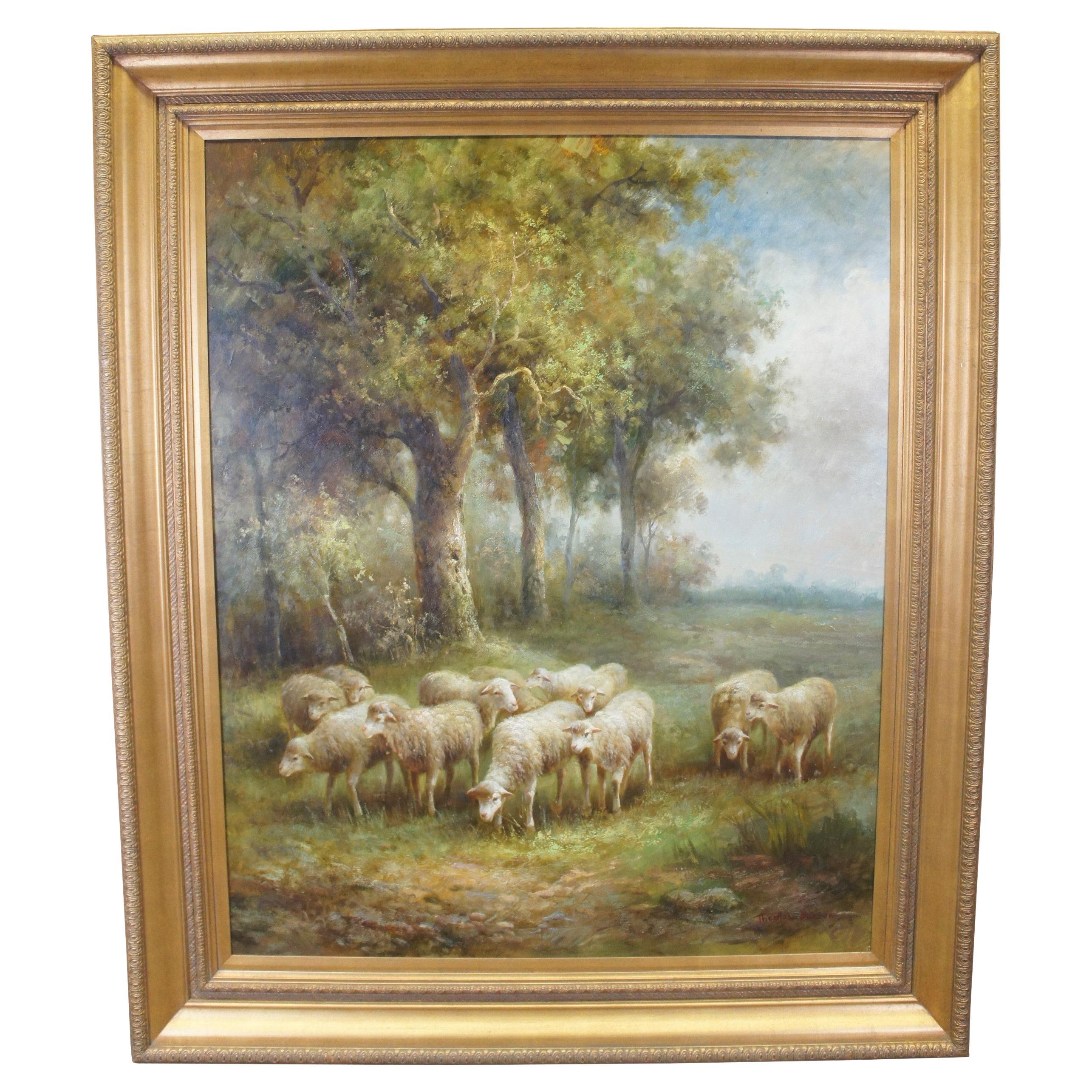 Peinture à l'huile monumentale de Thomas Thomas Barron, moutons en train de brouter, paysage forestier 75".