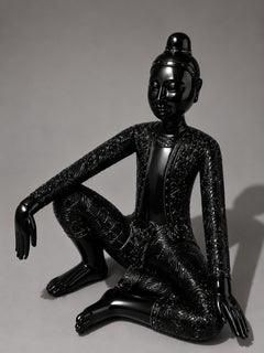 Monumental Tibetan Style Buddha Figure Sculpture in Black High-Gloss Lacquer