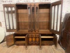 Monumental Tobago Brutalist Mid Century Walnut Buffet and Hutch