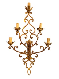 Monumental Tole Toleware Italian Gilded 5 Light Sconce, Banci Style, Italy 1950s