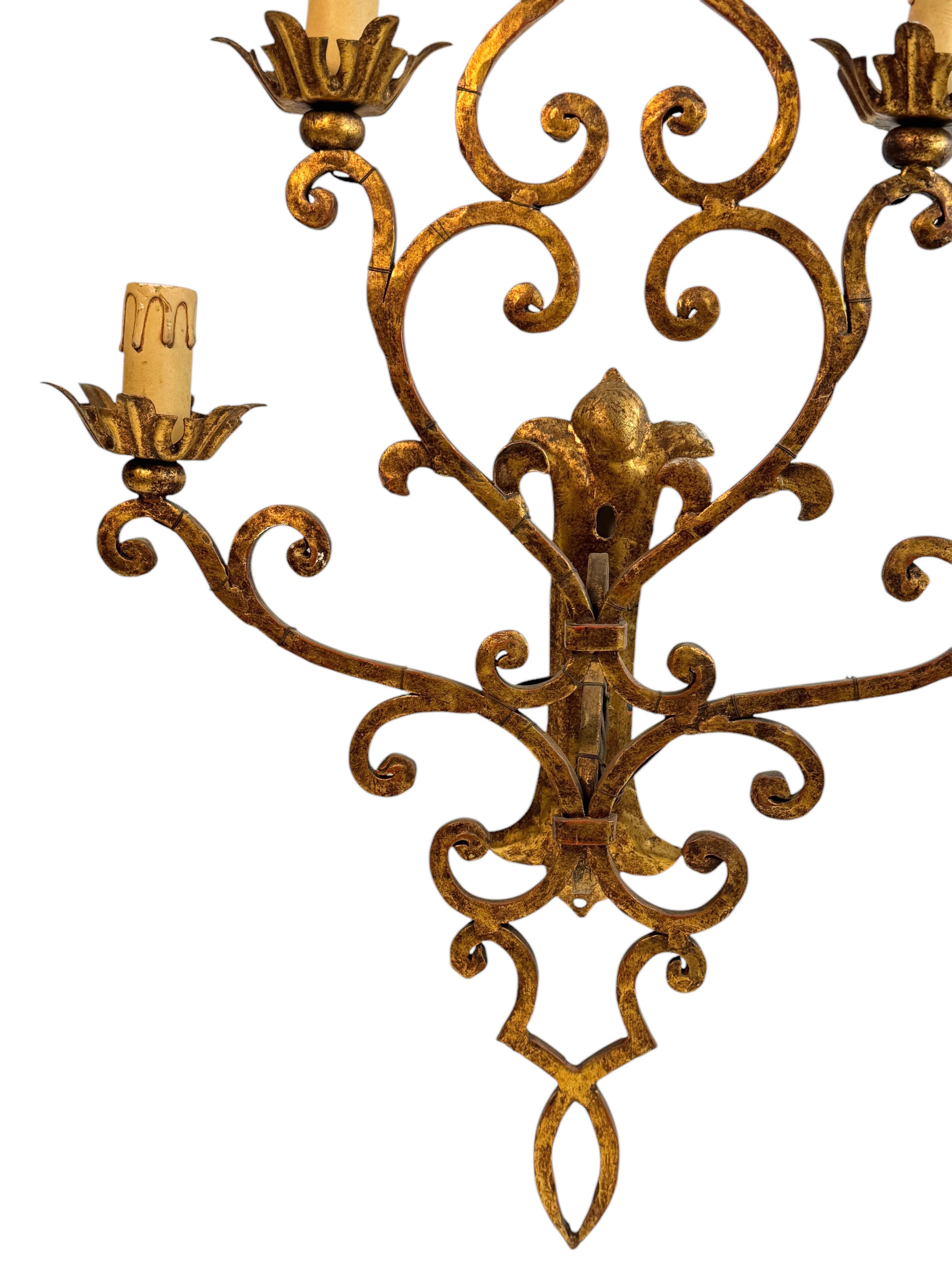 Monumentaler italienischer vergoldeter 5flammiger Tole Toleware-Wandleuchter im Banci-Stil, Italien 1950er Jahre (Hollywood Regency) im Angebot
