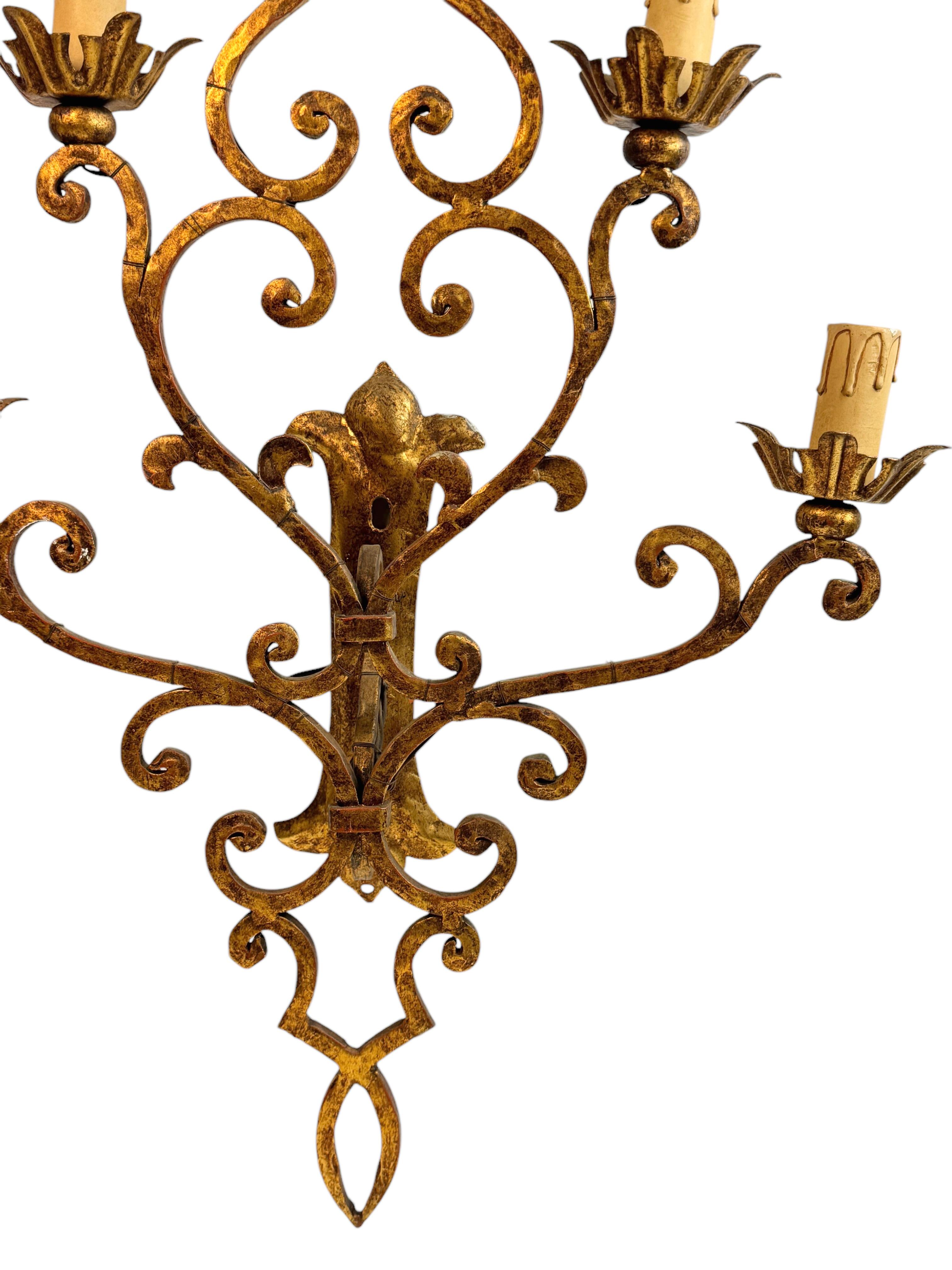 Monumentaler italienischer vergoldeter 5flammiger Tole Toleware-Wandleuchter im Banci-Stil, Italien 1950er Jahre (Italienisch) im Angebot
