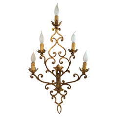 Monumentale Tole Toleware italiano dorato a 5 luci, stile Banci, Italia anni '50