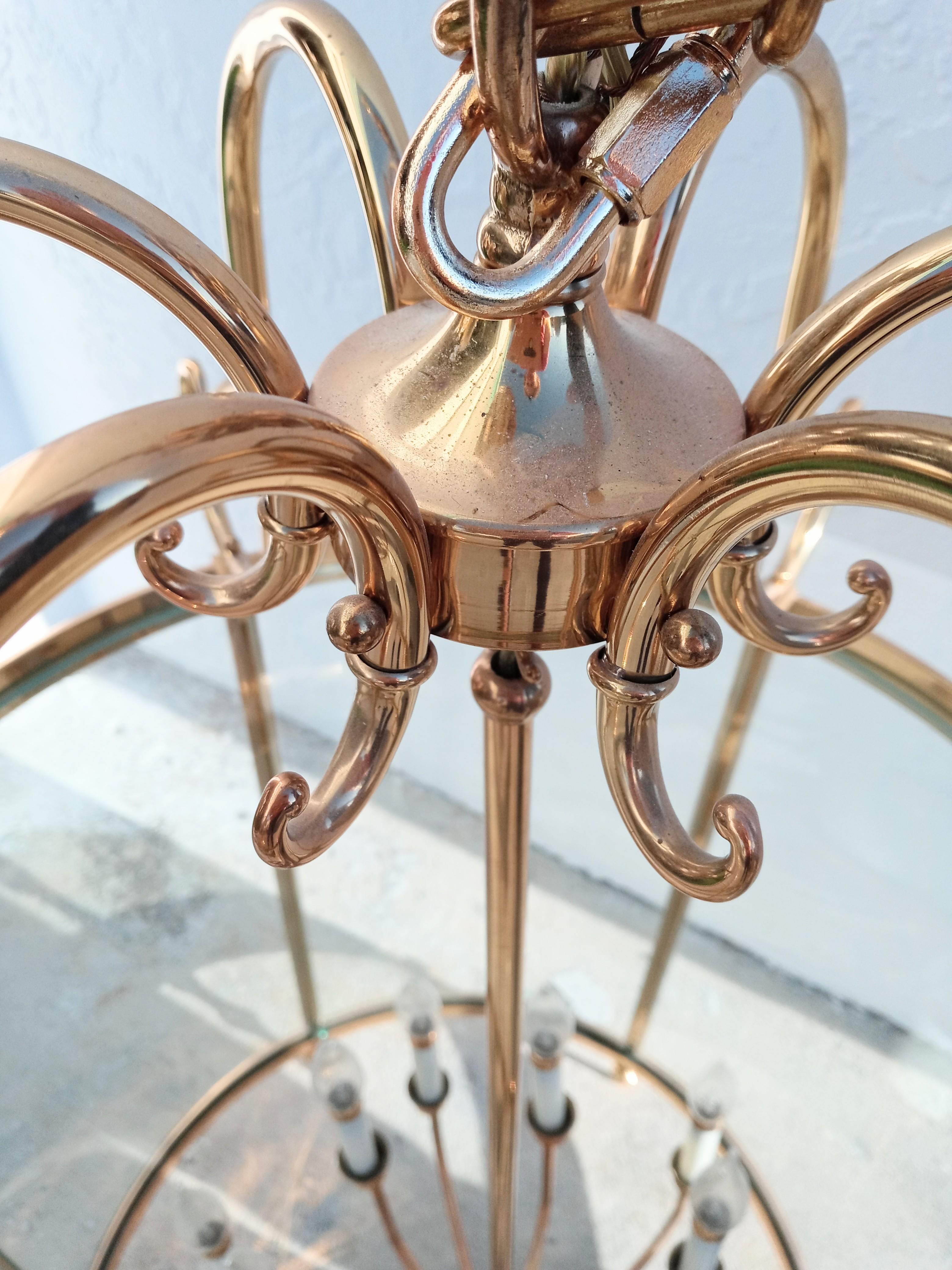 Monumental Traditional Brass Curved Glass 12 Light Foyer Cylindrical Chandelier In Good Condition For Sale In Jensen Beach, FL