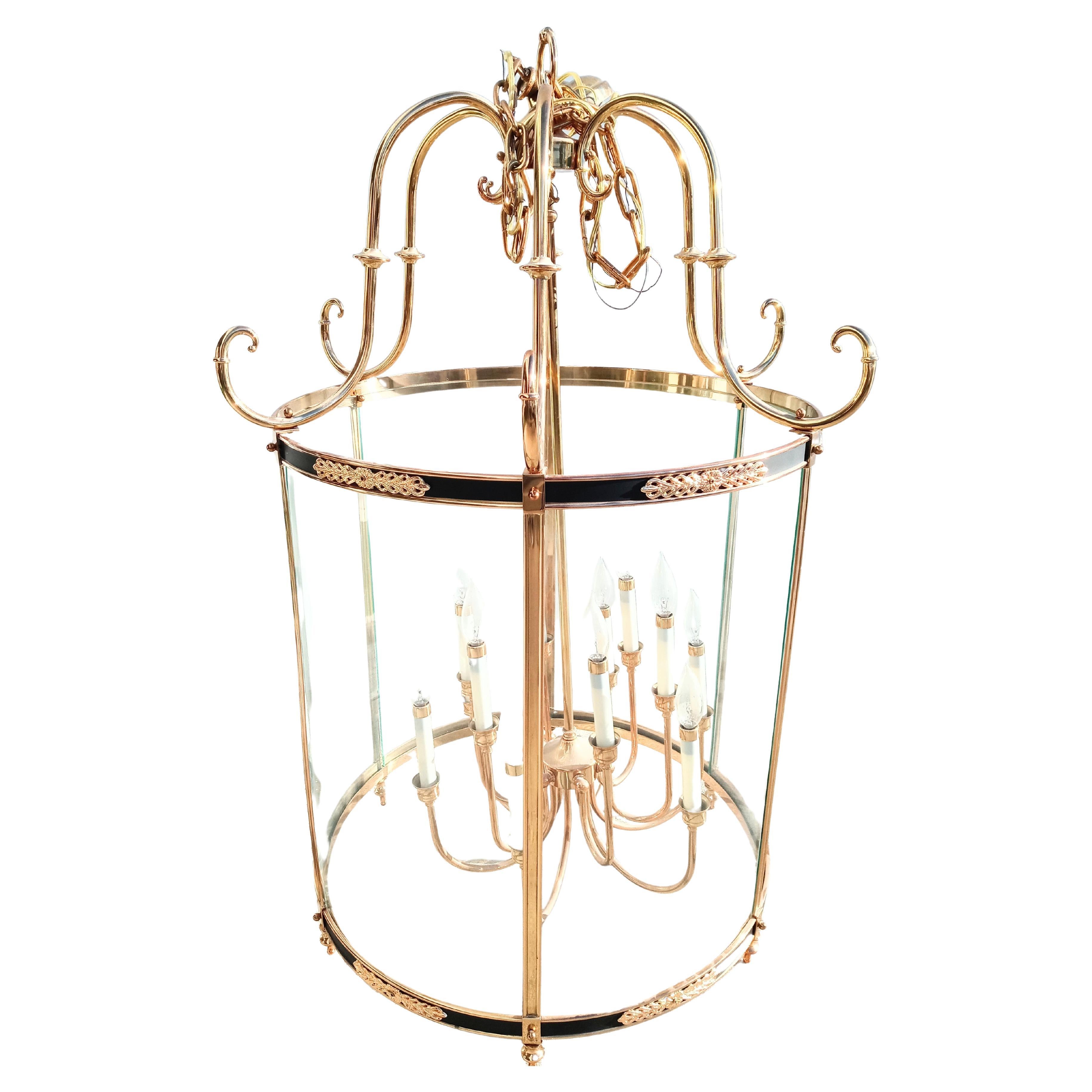 Monumental Traditional Brass Curved Glass 12 Light Foyer Cylindrical Chandelier